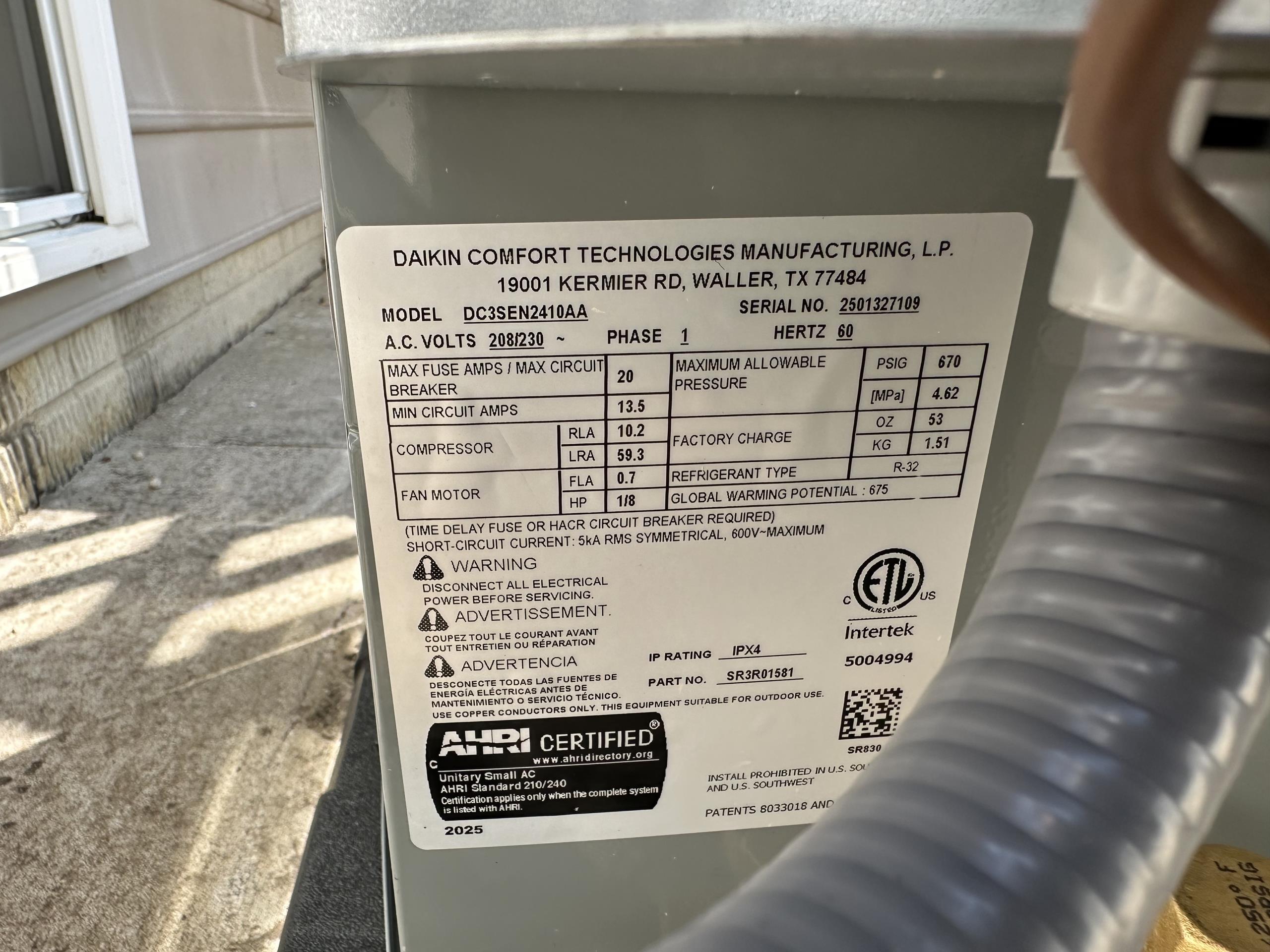 Install New Daikin Single Stage Air Conditioner
Model #: DC3SEN2410AA
Serial #: 2501327109
2 Ton - 13.4 SEER2
*Matching Indoor Coil
Model #: CAPT2422B3AA
Serial #: 2408231873

Installation:
* Reconnect to existing electric
* Transition to existing supply and return ductwork
* Start up and commission new system
* Dragonfly Furnace Adapter

Warranty:
12 Year Daikin manufacturers Parts Warranty (Annual maintenance must be performed)
2 Year Westin Air Labor Warranty (Annual maintenance must be performed)