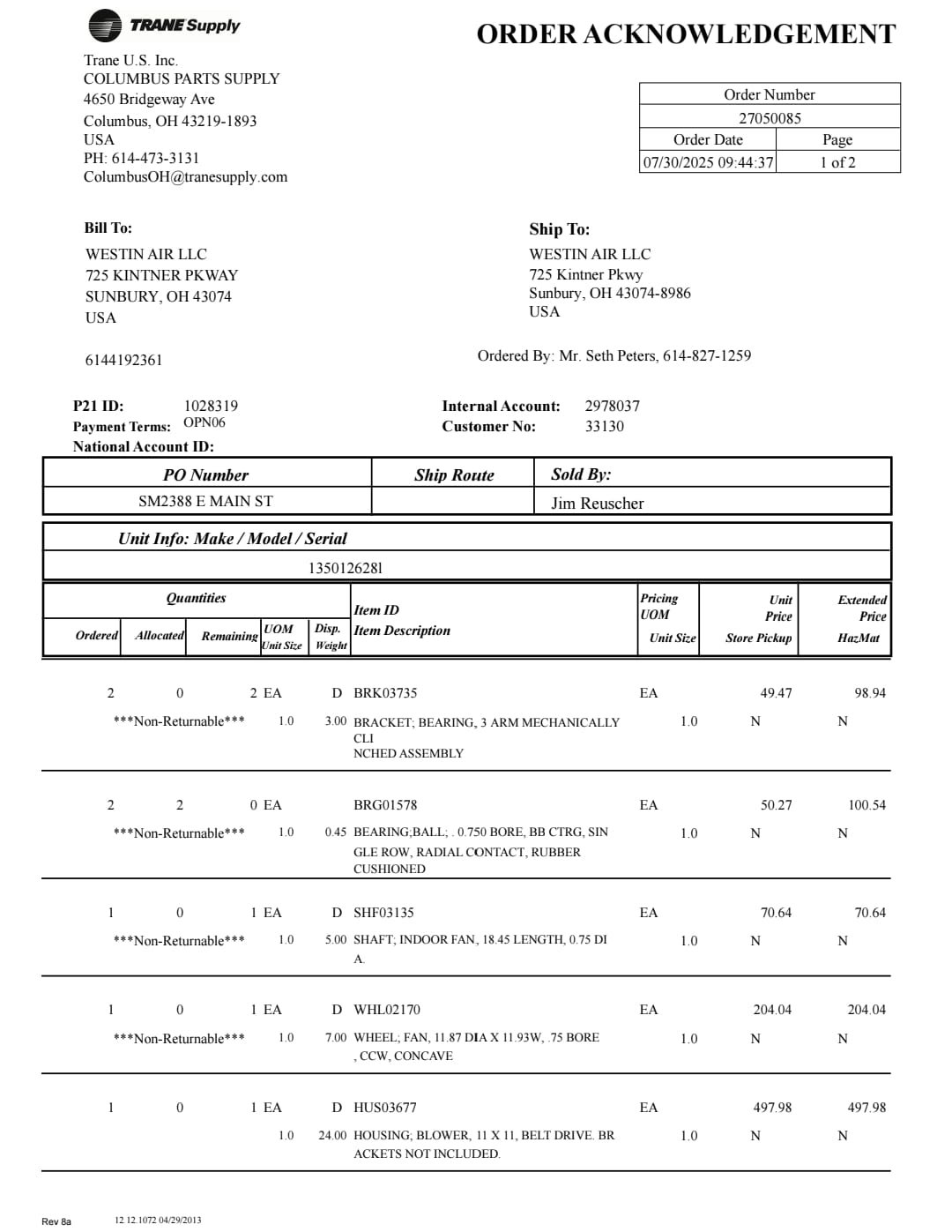 The blower wheel assembly shaft bearings have failed causing the vibration rumbling and intermittent squeaking and clanking.

The blower wheel housing, blower wheel, blower wheel shaft, two bearings, two bearing brackets, and shaft pulley all needs replaced

Seth has located all parts available at Trane in the Atlanta warehouse that will require 2 to 3 days for expedited delivery 

Ashlea is contacting the property management company for verbal approval to order the parts based on a $2000-$2500 approximate estimate.
Seth will complete and send the final estimate asap