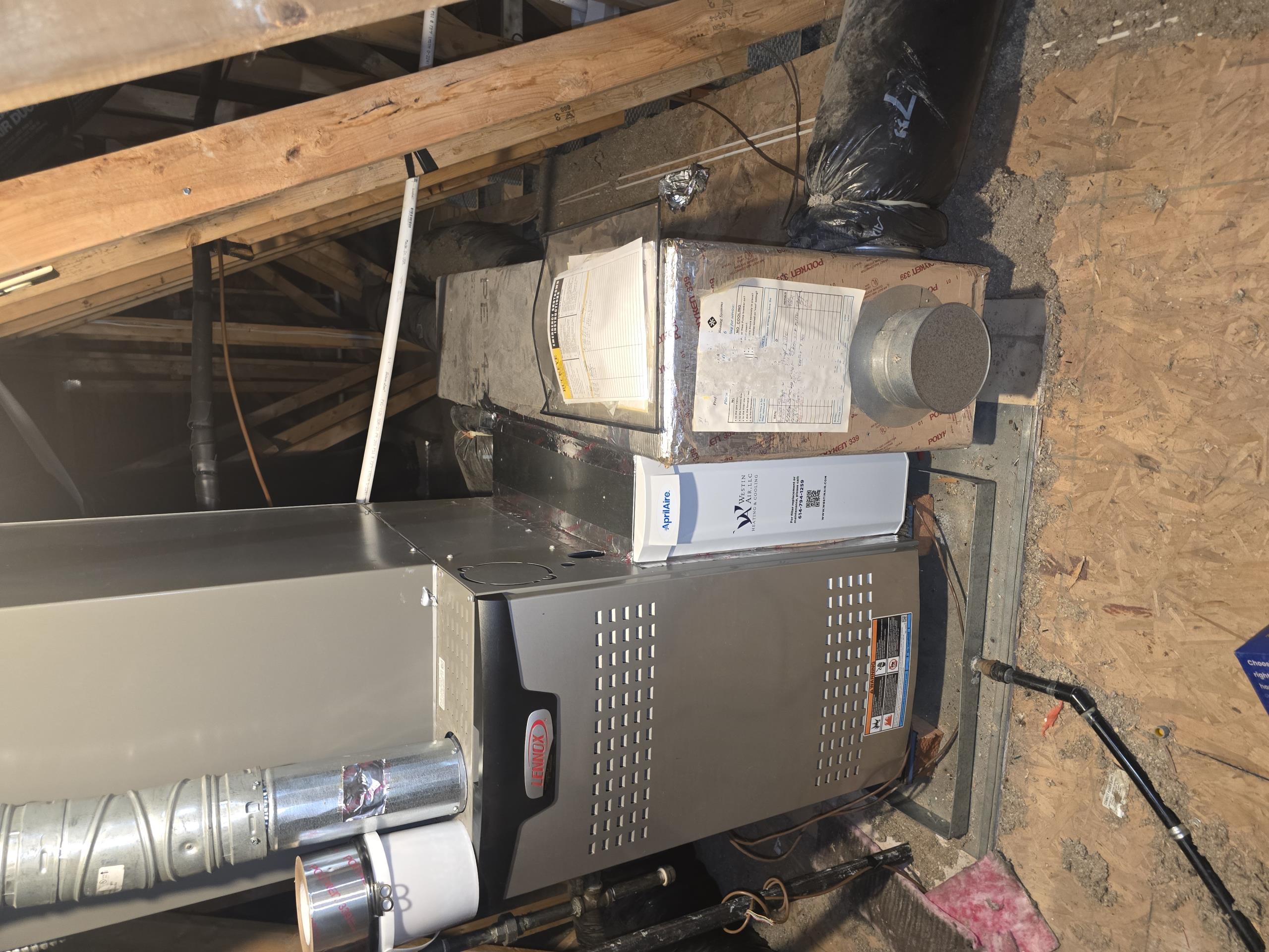 Install new Aprilaire 1210 air filter rack on attic system. Remove rp2200 rack and connect new filter rack to furnace and existing return duct board. Tape and seal all joints. 