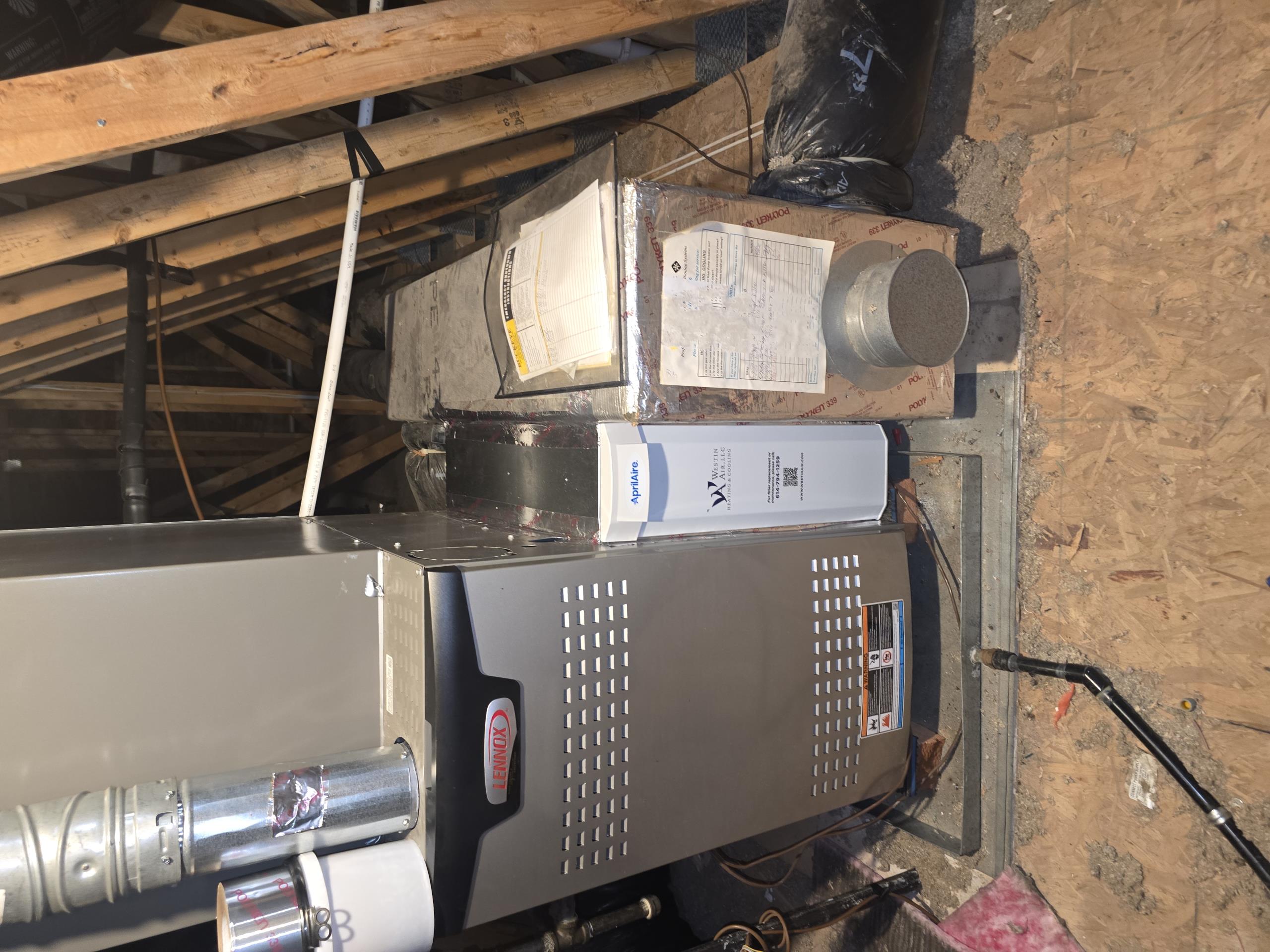 Install new Aprilaire 1210 air filter rack on attic system. Remove rp2200 rack and connect new filter rack to furnace and existing return duct board. Tape and seal all joints. 