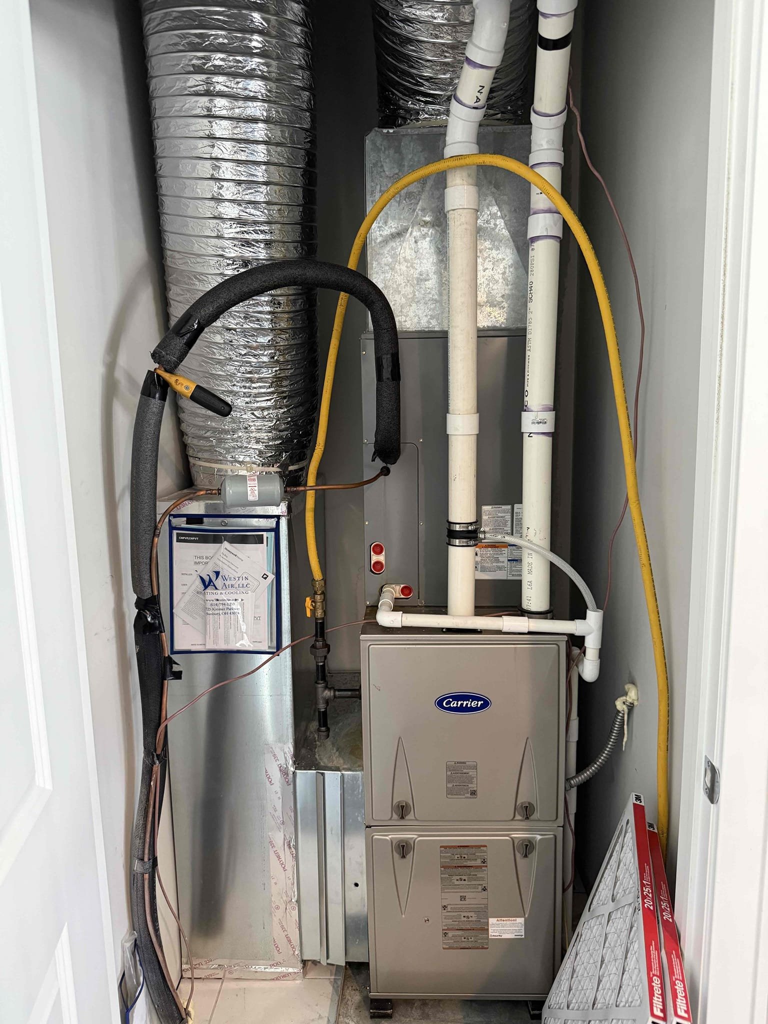 Upon arrival found unit with overflow pan full with water. Shop vac all water out and test run unit. Unit started cooling and everything looked good outside 300 psi 9° subcool 109psi 16° superheat. Upon further inspection found air coil inside was putting out 39° at the suction line and after the upwards U bend it reached 51°. Oil is likely slugging in coil suction line causing freeze up. Have to return, recover refrigerant, modify lineset to remove the suction line lift, and then recharge and test run system. 