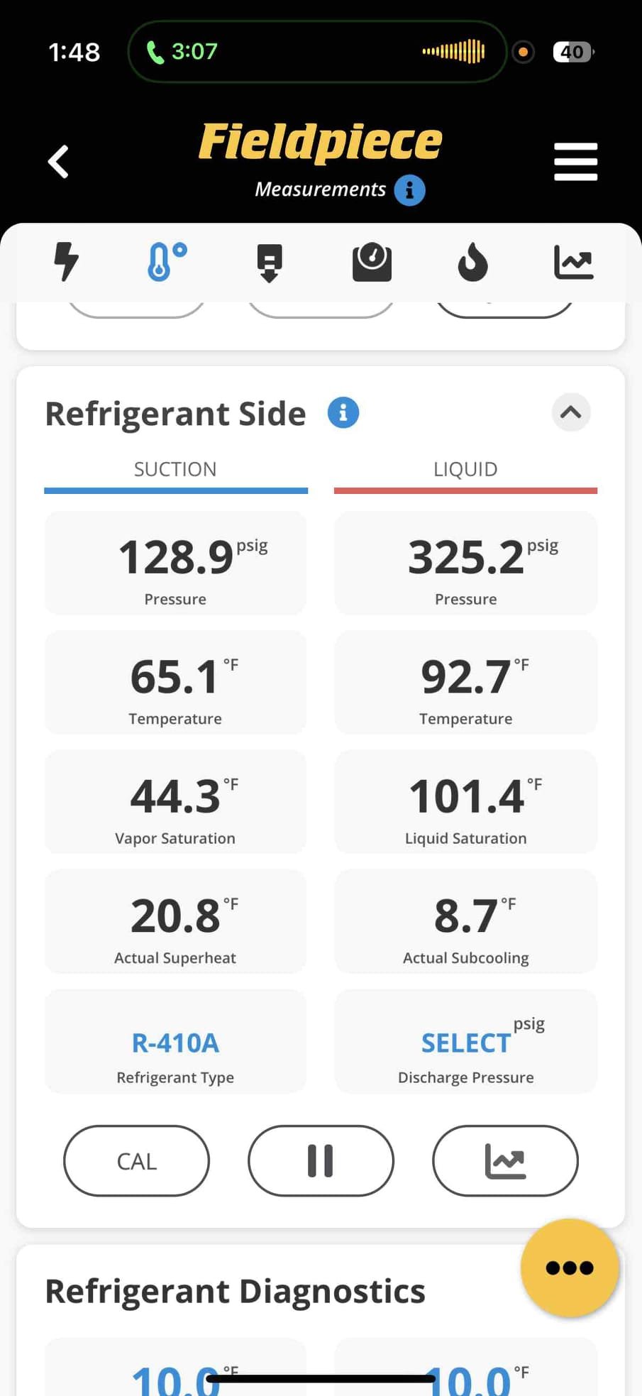 Upon arrival inspected unit and found 2nd floor system low 2.88lbs r410 a. End pressures 325-8°/128-20° 2nd floor. Threw guages on first floor due to shut down noise complaint, basement unit charge at 329-8°/123-10° no concerns on system compressor just oil loggs during shutdown and you can hear the compression. Performed leak search for 2nd floor system due to charge being sufficiently low and found no leaks on system. Delta T for 2nd floor at 23° airflow at 825cfm per homeowner request on noise complaints from higher speeds. All systems operational at this time. 