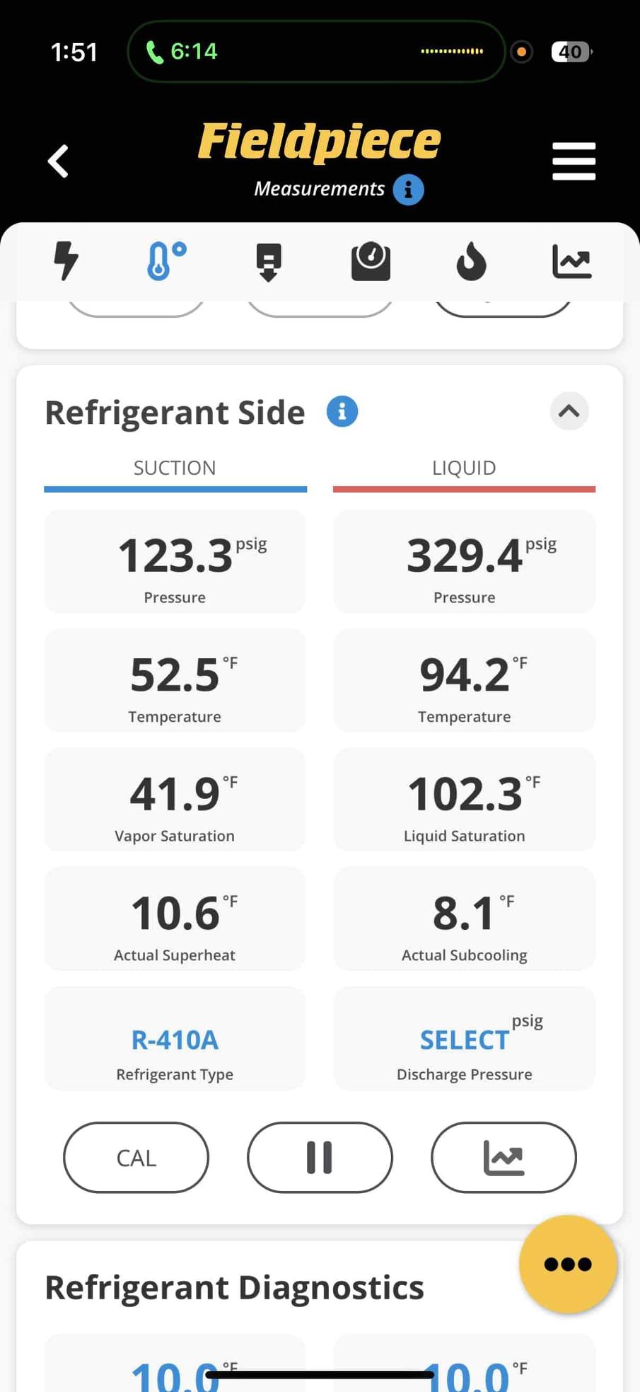Upon arrival inspected unit and found 2nd floor system low 2.88lbs r410 a. End pressures 325-8°/128-20° 2nd floor. Threw guages on first floor due to shut down noise complaint, basement unit charge at 329-8°/123-10° no concerns on system compressor just oil loggs during shutdown and you can hear the compression. Performed leak search for 2nd floor system due to charge being sufficiently low and found no leaks on system. Delta T for 2nd floor at 23° airflow at 825cfm per homeowner request on noise complaints from higher speeds. All systems operational at this time. 