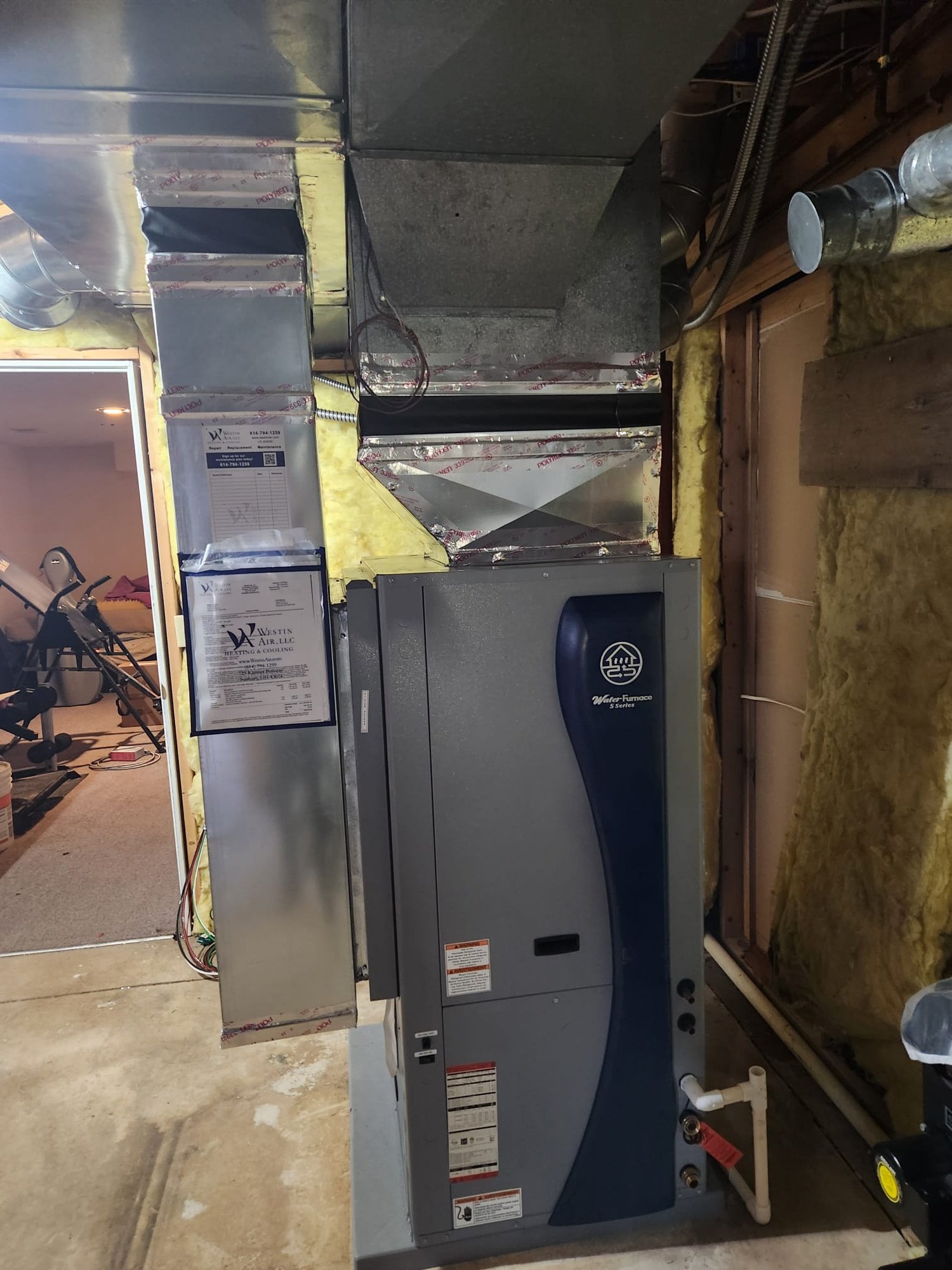 Install WaterFurnace 5 Series Geothermal system. 2 Stage compressor, Variable Speed ECM blower
Model #: W5AV048BD1A12CTL2B00 
Serial #: 250800115
Efficiency: Up to 5.0 COP / 30.0 EER
Features Included:
*2 Pump Non-Pressurized Flow Center
*Aurora Advanced Controls
*15 KW Backup heat
*2" Merv 11 air filter
*Vision Pro 8000 WiFi thermostat

Installation:
*Install 4 Ton vertical closed ground loop.  Loop installed by Jackson Geothermal.
*Transition to existing supply and return duct
*Connect to high voltage electrical circuit (provided by others)
*Aprilaire 700m Humidifier 

Warranty: (Annual maintenance must be performed)
WaterFurnace 10 Year Parts
WaterFurnace 5 Year Labor
Flow Center and Accessories 5 Year Parts and Labor

*** 30% 2025 Federal Tax Credit Eligible

Quote does not include installation of additional return air, if needed.
Disclaimer:
No drill cuttings or water cleanup is included in price. No site restoration or seed and straw included in price. Westin Air will call OUPS f