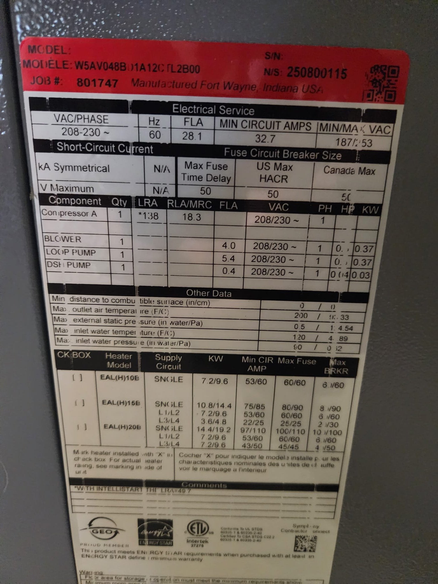 Install WaterFurnace 5 Series Geothermal system. 2 Stage compressor, Variable Speed ECM blower
Model #: W5AV048BD1A12CTL2B00 
Serial #: 250800115
Efficiency: Up to 5.0 COP / 30.0 EER
Features Included:
*2 Pump Non-Pressurized Flow Center
*Aurora Advanced Controls
*15 KW Backup heat
*2" Merv 11 air filter
*Vision Pro 8000 WiFi thermostat

Installation:
*Install 4 Ton vertical closed ground loop.  Loop installed by Jackson Geothermal.
*Transition to existing supply and return duct
*Connect to high voltage electrical circuit (provided by others)
*Aprilaire 700m Humidifier 

Warranty: (Annual maintenance must be performed)
WaterFurnace 10 Year Parts
WaterFurnace 5 Year Labor
Flow Center and Accessories 5 Year Parts and Labor

*** 30% 2025 Federal Tax Credit Eligible

Quote does not include installation of additional return air, if needed.
Disclaimer:
No drill cuttings or water cleanup is included in price. No site restoration or seed and straw included in price. Westin Air will call OUPS f