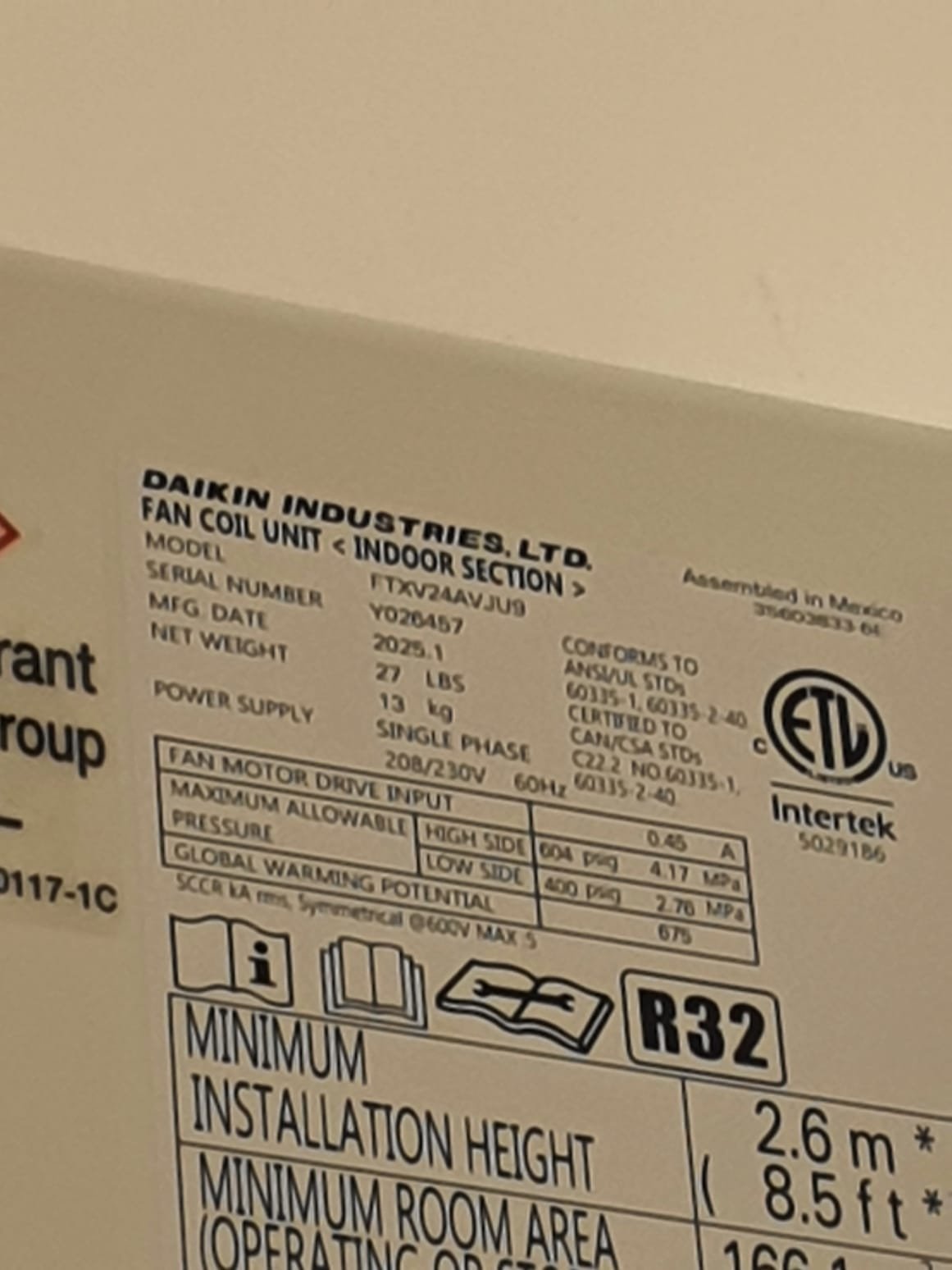 Install Daikin Aurora Ductless System
Daikin Heat Pump
Model #: RXT18AVJU9
Serial #: Y019886
1.5 Ton
R32 Refrigerant
Variable Speed Inverter Compressor
Auto Fan Speed Control
Heating Operation at -13 Degrees & Above
Daikin Wall Mounted Air Handler
Model #: FTXV18AVJU9
Serial #: Y026791
Hand Held Remote Control
Long Life Washable Filter
12 Year Parts & Compressor Warranty
1 Year Labor Warranty

*** 2% Cash/Check Discount Available
** High Voltage Electric to Outdoor Unit to be done by others