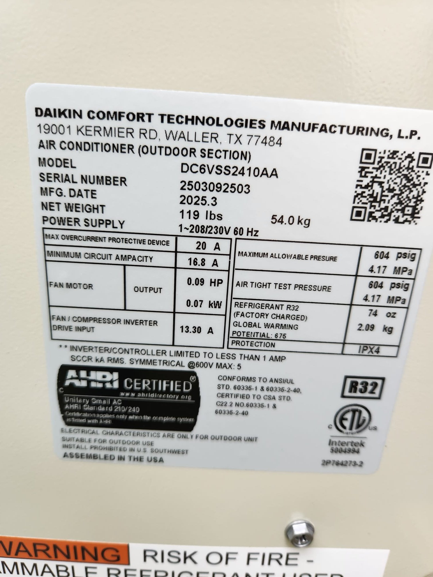 Install New Daikin FIT HVAC System
*Two Stage - Variable Speed Furnace:
Model #: DR80TC0603BN
Serial #: 2502079134
60,000 BTU's - 80% AFUE
*Variable Speed Air Conditioner:
Model #: DC6VSS2410A
Serial #: 2503092503
2 Ton - 17 SEER2
*Matching Indoor Coil
Model #: CAPEA2418B3A
Serial #: 2502160442
*Daikin One+ Thermostat: DTST-TOU-A
Serial #: EA2412601777
Installation:
* Reconnect to existing gas line and electric
* Transition to existing supply and return ductwork
* Start up and commission new system
* Aprilaire 1210 (20x25) Media Air Cleaner
* 40 Gallon Natural Gas Hot Water Heater
Warranty:
12 Year Daikin manufacturers Parts Warranty (Annual maintenance must be performed)
2 Year Westin Air Labor Warranty (Annual maintenance must be performed)
Daikin manufacturers Lifetime Heat Exchanger Warranty (Annual maintenance must be performed) Install New Daikin FIT HVAC System
*Two Stage - Variable Speed Furnace:
Model #: DR80TC0603BN
Serial #: 2502079134
60,000 BTU's - 80% AFUE
*Variable Speed Air Conditioner:
Model #: DC6VSS2410A
Serial #: 2503092503
2 Ton - 17 SEER2
*Matching Indoor Coil
Model #: CAPEA2418B3A
Serial #: 2502160442
*Daikin One+ Thermostat: DTST-TOU-A
Serial #: EA2412601777
Installation:
* Reconnect to existing gas line and electric
* Transition to existing supply and return ductwork
* Start up and commission new system
* Aprilaire 1210 (20x25) Media Air Cleaner
* 40 Gallon Natural Gas Hot Water Heater
Warranty:
12 Year Daikin manufacturers Parts Warranty (Annual maintenance must be performed)
2 Year Westin Air Labor Warranty (Annual maintenance must be performed)
Daikin manufacturers Lifetime Heat Exchanger Warranty (Annual maintenance must be performed)