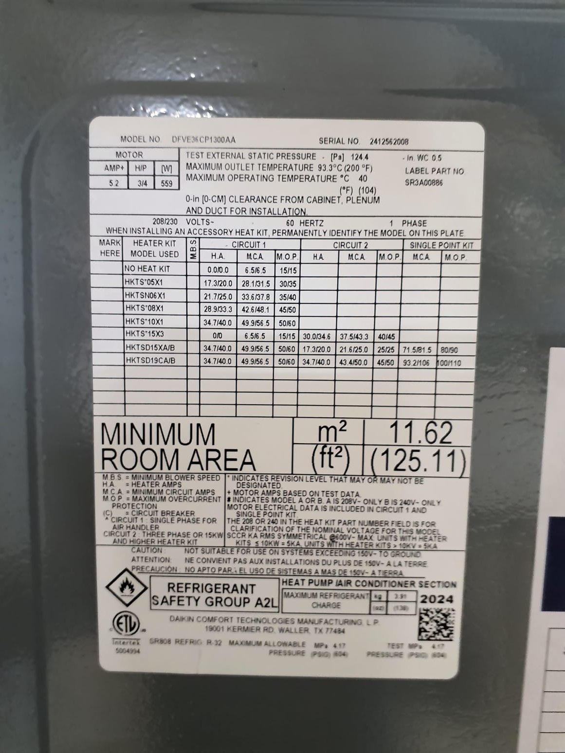
SOLD: 07/30/2025 1:30:29 PM - Option 1 - Cash/Check Payment 
Install new Daikin FIT HVAC system

Equipment:
Air Handler- DFVE36CP1300A* Variable-Speed ECM Multi-Position, Air Handler with Internal EEV Communicating for Daikin Fit and R-32 Refrigerant
Serial# 2412562008
Heat Pump- DH6VSA3010A* 16.2 SEER2 FIT Variable Speed Inverter Heat Pump with R-32 Refrigerant
Serial# Y003962
Aux Heat- 15KW
Daikin One Touch communicating thermostat
Serial# EA2412601501

Installation:
*Reconnect to existing high voltage electric circuit
*Transition to existing supply and return ductwork
*1" Standard air filter rack
*Start up and commission new system

Warranty:
12 Year Daikin manufacturers parts warranty (Annual maintenance must be performed)
2 Year Westin Air labor warranty (Annual maintenance must be performed)