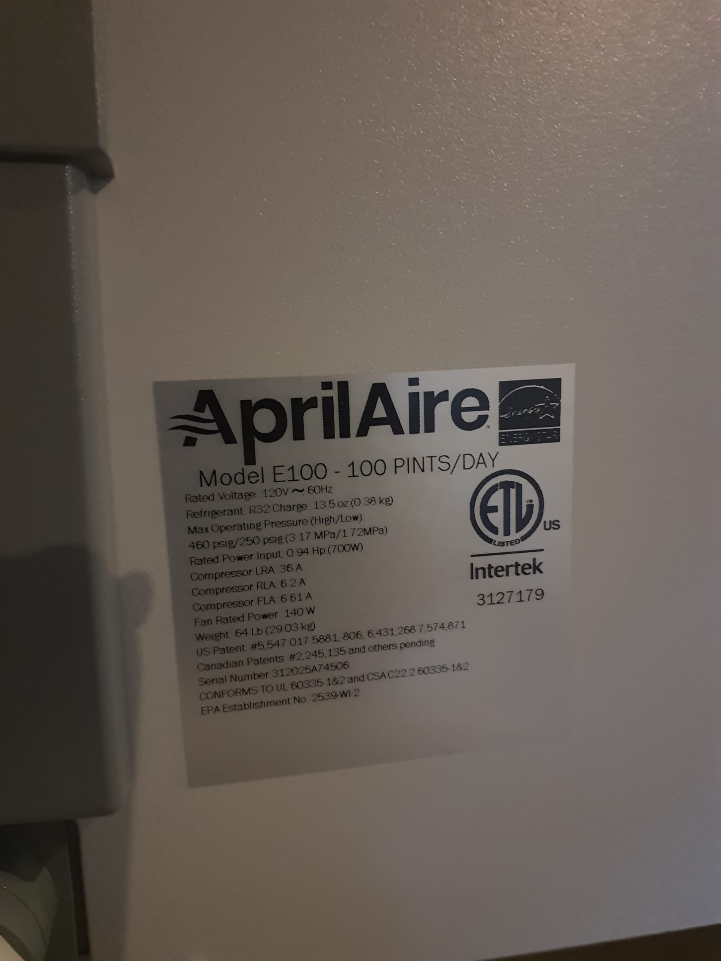 Install Aprilaire E100 Dehumidifier. 
Dehumidifier set in front of furnace and waterheater. Outlet side of dehumidifier piped into return duct on furnace. Drain line ran on its own to floor drain. Controlled from built in controller on dehumidifier. 120v electric hooked up to power cord for current stand alone dehumidifier. Test ran operation and set to 55%. 
Serial# 312025A74506
5 Year Parts Warranty
1 Year Labor Warranty 

Due to ongoing renovations, it is recommended to have a full duct cleaning after renovations are complete. Westin Air recommends Fresh Air Corps, and tell them Brandon sent you! Thank You!