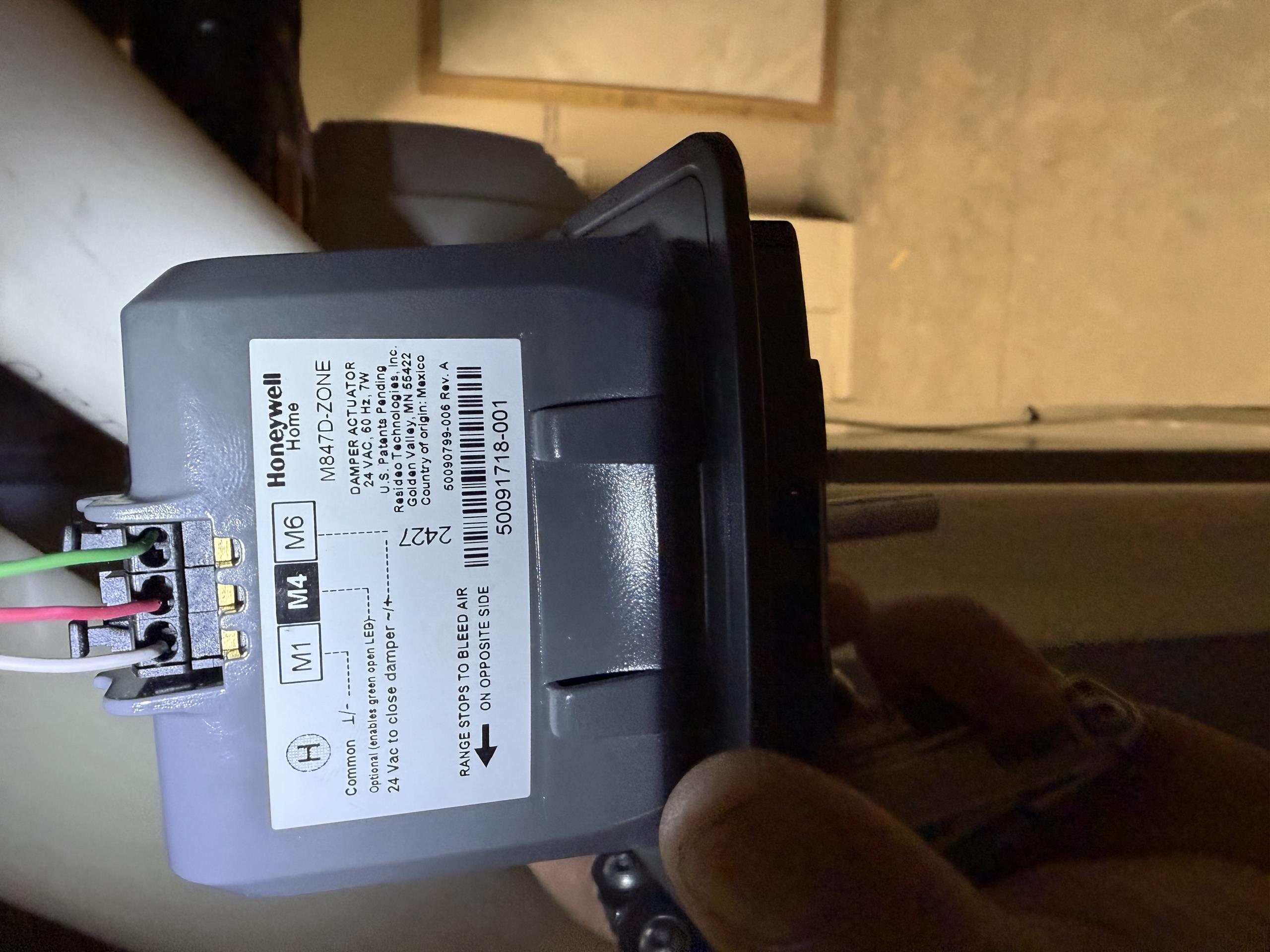 Construction warranty 
Master bedroom zone damper is stuck open
Buzzing noise from locked up damper motor
Removed and unwired motor, verified damper moves freely by hand

Whistling in the pantry is from the basement zone calling and upstairs zone closed.
Turned off basement thermostats