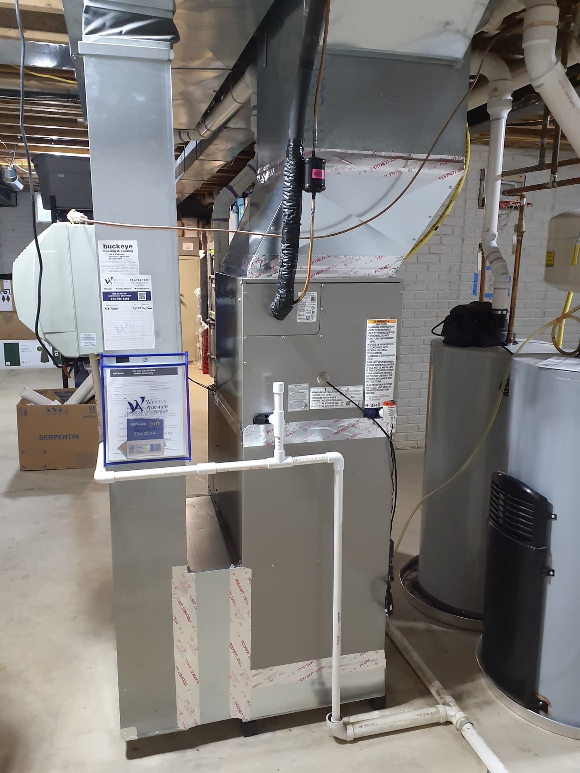 Bryant Preferred 96 2-Stage Gas Furnace
Model #: 926TC60100V21
Serial #:3225A46819
100,000 BTU's - 96% AFUE
Bryant Single-Stage Air Conditioner
Model #: GA5SAN54200W
Serial #:3025G04765
3.5 Ton - 13.8 SEER2
Puron Advance Refrigerant, R-454B
Matching Cased Coil: CVAVA4221XMA
Serial #:2725J14639
 
Installation:
* Reconnect to existing gas line and high voltage electric
* Transition to existing supply and return ductwork
* Start up and commission new system
* Honeywell Vison Pro 8000 Thermostat
* 1" Standard Filter Rack
 
Warranty:
20 Year Bryant manufacturers Heat Exchanger Warranty (Annual maintenance must be performed)
10 Year Bryant manufacturers Parts & Compressor Warranty (Annual maintenance must be performed)
2 Year Westin Air Labor Warranty (Annual maintenance must be performed)
