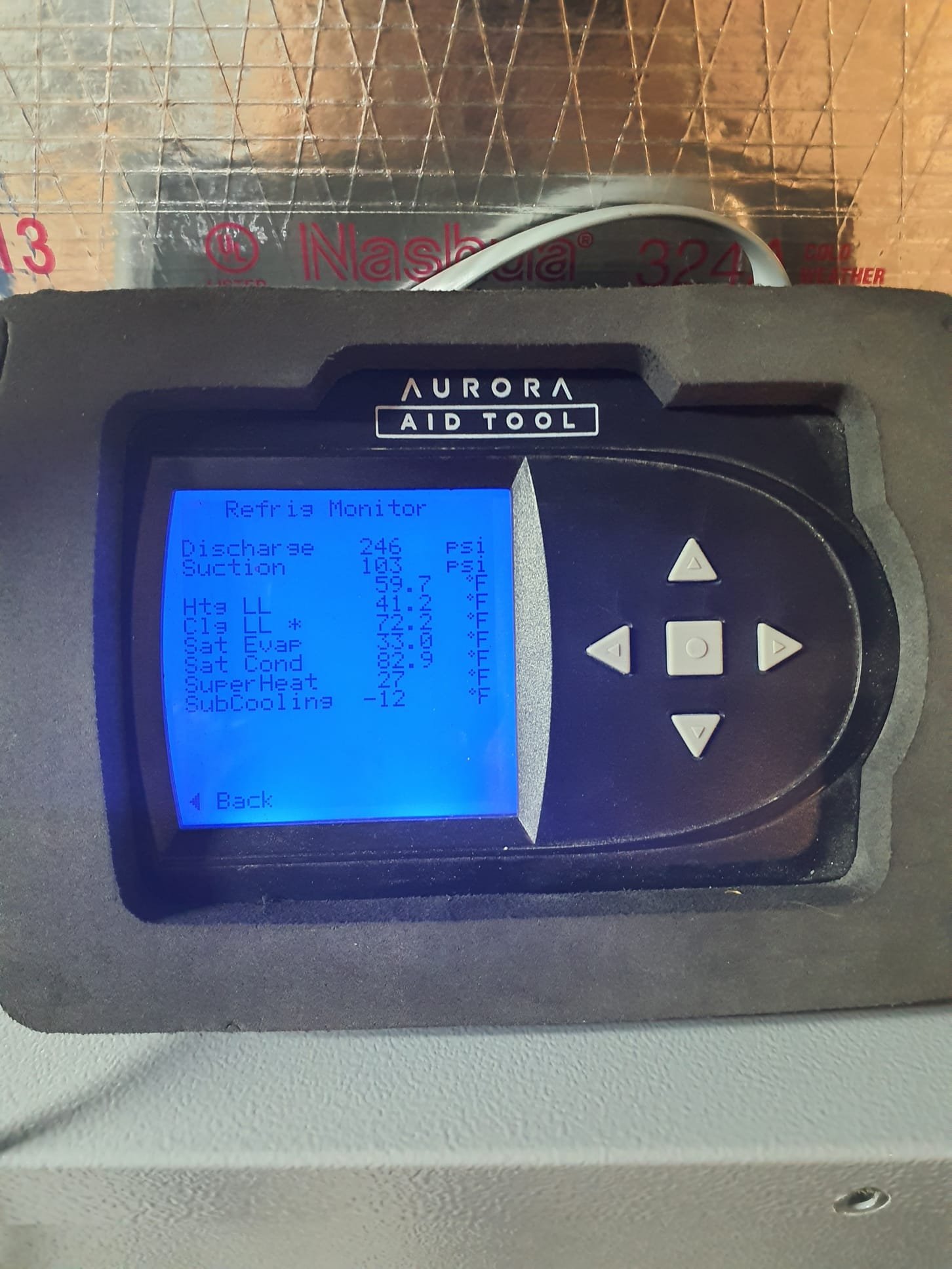 Upon inspection, system is off with no callcfrom thermostat. 8nspection of unit shows no obvious visual damage or problems. Attempted test run through Aurora Aid Tool. System cam on in cooling but refrigerant head pressure climbed quickly and shut down on high pressure switch. Further inspection found that the flow center pump is not getting 230V power. Traced power loss to both resetable 3A fuses in side of electrical compartment housing. Current using two 3A disposable fuses for test running. 3A fuses could replaced with factory resettable fuse. 

While test running, refrigerant pressures are tested within spec. Ground loop is low on pressure at approximately 20psi when it should be between 40-70psi. Pressure loss can be normal as ground loop pipes expand and conteact over the years. This will not hurt the system unless there is a complete blowout, but it does hinder the efficiency of the unit.
Repressurize ground loop from 20psi to 60psi from house water supply.
is operating properl