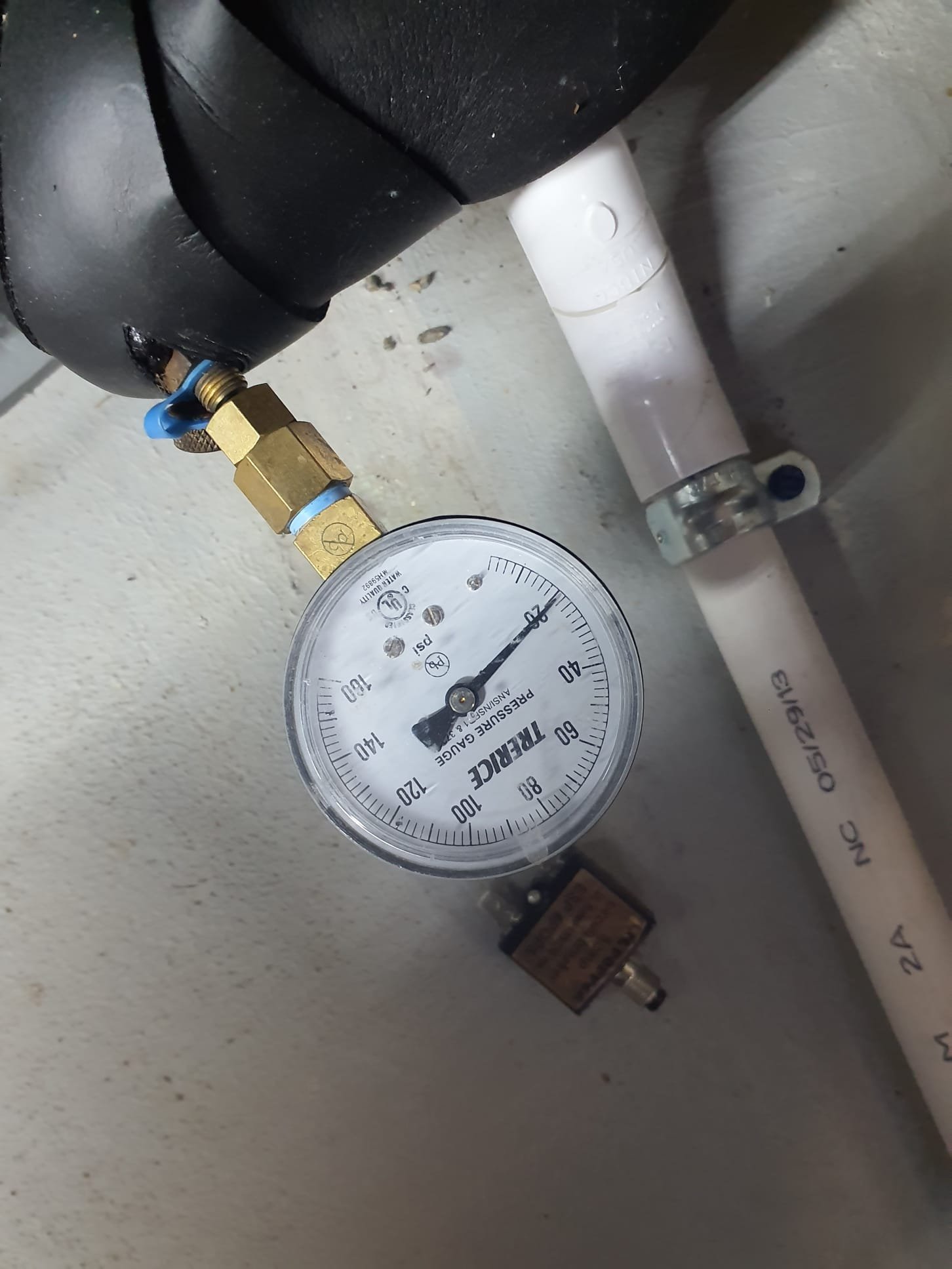 Upon inspection, system is off with no callcfrom thermostat. 8nspection of unit shows no obvious visual damage or problems. Attempted test run through Aurora Aid Tool. System cam on in cooling but refrigerant head pressure climbed quickly and shut down on high pressure switch. Further inspection found that the flow center pump is not getting 230V power. Traced power loss to both resetable 3A fuses in side of electrical compartment housing. Current using two 3A disposable fuses for test running. 3A fuses could replaced with factory resettable fuse. 

While test running, refrigerant pressures are tested within spec. Ground loop is low on pressure at approximately 20psi when it should be between 40-70psi. Pressure loss can be normal as ground loop pipes expand and conteact over the years. This will not hurt the system unless there is a complete blowout, but it does hinder the efficiency of the unit.
Repressurize ground loop from 20psi to 60psi from house water supply.
is operating properl