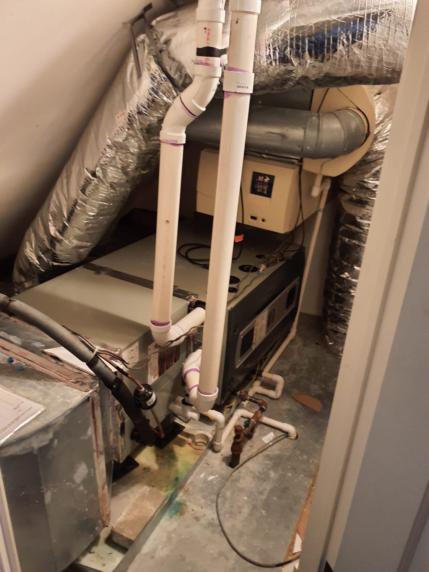 Furnace number 1 failed combustion test, indicates failed heat exchanger.  23 years old
Furnace needs replaced

5 system heating maintenance 

Third floor system (#5)
Cleaned flame sensor
Blew out trap
Gas pressure 3.5 for high fire and 1.7 for low fire
Temp rise 63⁰
Filter clean
Electronic portion of the air cleaner has failed
Replacement parts are discontinued 
Humidifier pad looks unused
Found humidifier not functional
Diagnosed failed humidistat
System has a Honeywell VisionPro8000 thermostat capable of humidifier control
Wired humidifier to the thermostat. 
Also wired both heat stages to the thermostat for better system control. 

Master bedroom system (#4)
Replaced filter
The filter cabinet has been installed in the wrong orientation since day 1.  Will need Uninstalled and flipped or replaced.
Humidifier water panel looks unused
Also found this humidifier non-functional 
Wired to the thermostat and verified proper operation 
Gas pressure 3.5 and 1.6
Temp rise 35
Cleaned flame sen