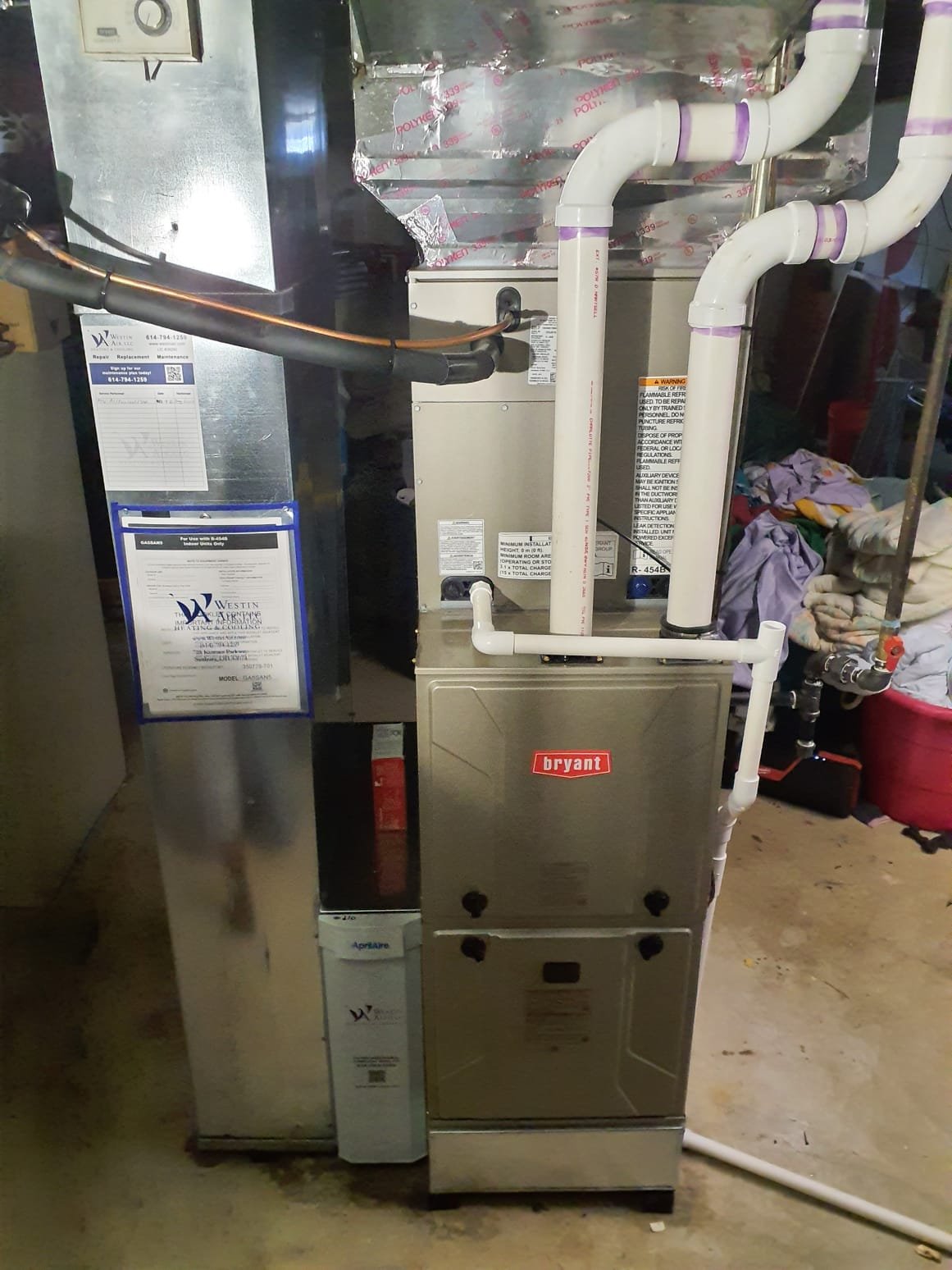 
SOLD: 10/07/2025 2:25:06 PM - Option 3

Install New Bryant HVAC System 
Bryant Preferred 96 2-Stage Gas Furnace
Model #: 926TC48080V17A-A
Serial #: 3925A61091
80,000 BTU's - 96% AFUE
Bryant Single-Stage Air Conditioner
Model #: GA5SAN53600WABAA
Serial #: 1125X61090
Ton - 15 SEER2
Puron Advance Refrigerant, R-454B
Coil: CVAVA3617XMAEAAA
Serial #: 2225J50138
 
Installation:
* Reconnect to existing gas line and high voltage electric
* Transition to existing supply and return ductwork
* Start up and commission new system
* Honeywell T6 Pro Thermostat
* Aprilaire 1210 (20X25) Media Air Cleaner
* Additional Services - New PVC furnace vents. Level 2
* Remove old humidifier and patch return
 
Warranty:
20 Year Bryant manufacturers Heat Exchanger Warranty (Annual maintenance must be performed)
10 Year Bryant manufacturers Parts & Compressor Warranty (Annual maintenance must be performed)
2 Year Westin Air Labor Warranty (Annual maintenance must be performed)


