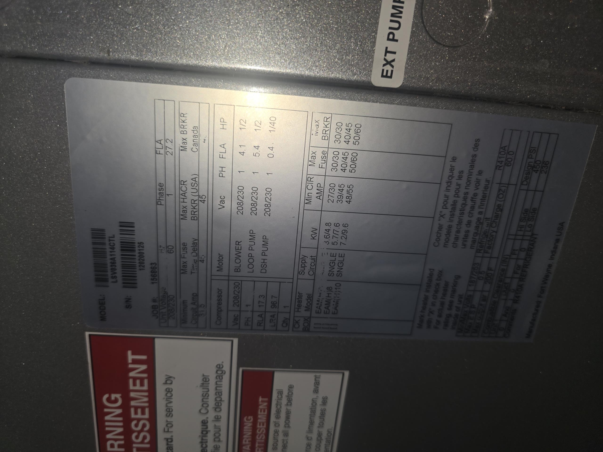 2012 Waterfurnace Legend
Upon arrival, system was in the off mode. Inspection of unit showed that there were stored High Pressure and Low Pressure codes. Initial test run of the unit showed that blower motor was not coming in with a callcfor first stage cooling. Using ecm motor tester, found that speed 1 on blower motor no longer operates but speeds 2-5 do. Switch first stage heating/cooling blower speed to speed 2 and test ran cooling operation. Blower motor and flow center come on as they should, along with the compressor. Tested ground loop pressure and found to be at 15psi incoming, and 10psi outgoing. Pressures should be closer to 40-70psi for proper and most efficient operating parameters. Air temperature drop is at 17F. This is within the 17-22F specifications, although, the original fan motor speed should put it closer to the middle of the range, allowing for better dehumidification in the summer time. It is recommended to pressurize the ground loop to more appropriate pressure