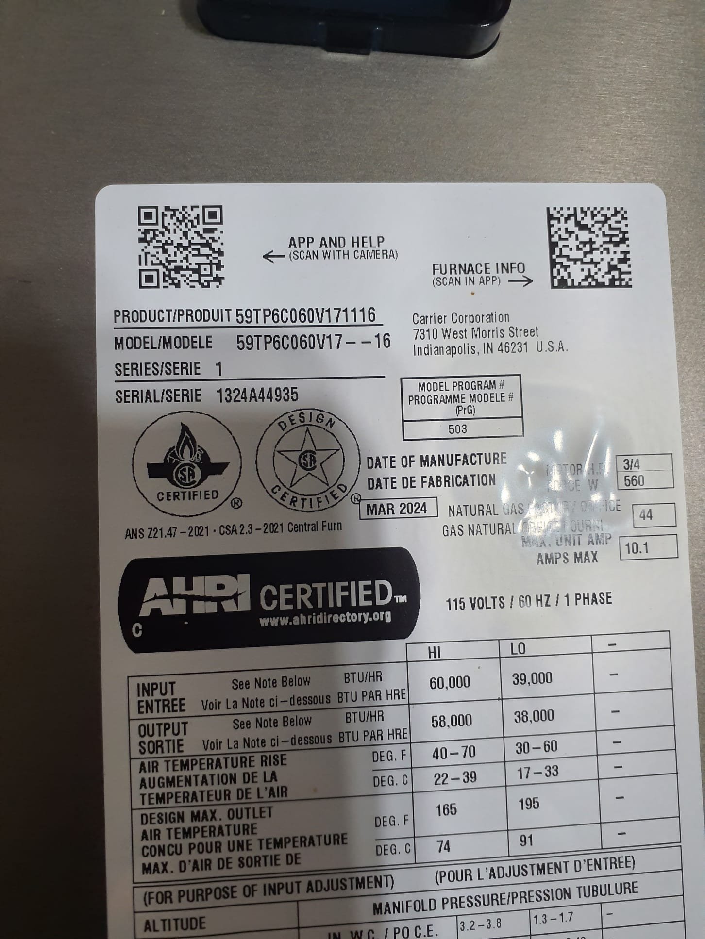 Performed heating maintenance on a Carrier two stage 96% efficient natural gas furnace
Aprilaire 210 filter is in good condition, no need to change for 3 months at least 
Aprilaire 600 humidifier functioning properly, no water leaks bypass damper open to winter setting
Pulled and cleaned flame sensor
Condensate trap is clear
Blower is clean
Set gas pressure
High fire 3.2"wc with a 55⁰ temperature rise
Low fire 1.3"wc with a 46⁰ temperature rise
Initially during testing the heat, control board was throwing a 23.4 fault code: low pressure switch stuck closed and would not energize the inducer
After much trouble shooting, it started working for no explainable reason.
Construction warranty expires tomorrow
We will order a warranty control board, no labor charge will be incurred.a Performed heating maintenance on a Carrier two stage 96% efficient natural gas furnace
Aprilaire 210 filter is in good condition, no need to change for 3 months at least 
Aprilaire 600 humidifier functioning properly, no water leaks bypass damper open to winter setting
Pulled and cleaned flame sensor
Condensate trap is clear
Blower is clean
Set gas pressure
High fire 3.2"wc with a 55⁰ temperature rise
Low fire 1.3"wc with a 46⁰ temperature rise
Initially during testing the heat, control board was throwing a 23.4 fault code: low pressure switch stuck closed and would not energize the inducer
After much trouble shooting, it started working for no explainable reason.
Construction warranty expires tomorrow
We will order a warranty control board, no labor charge will be incurred.a