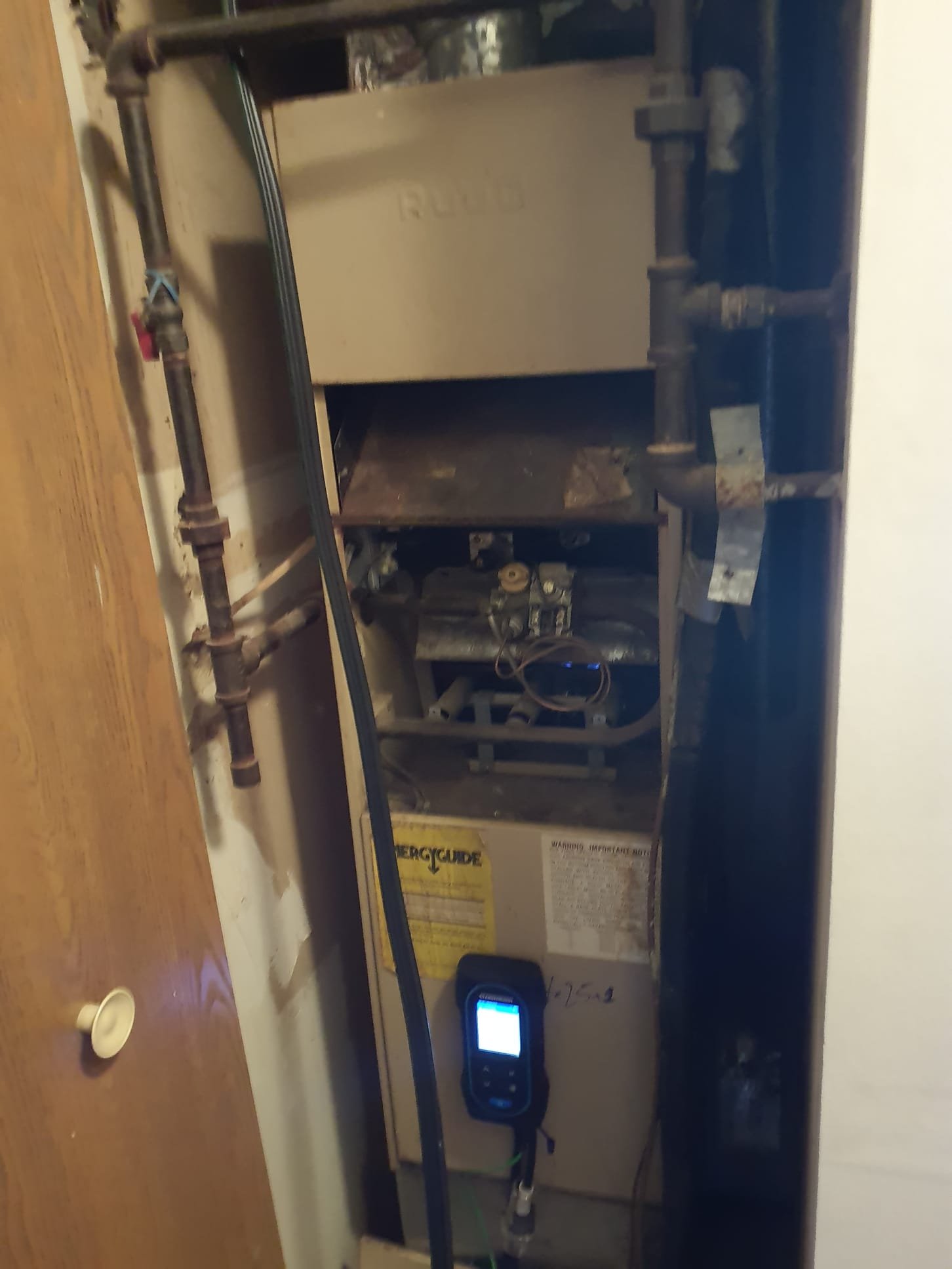 Natural draft furnace from 1987
Pilot would not light
Removed pilot burner, disassembled, and cleaned
Reassembled
Furnace now operates but cycles on the high limit
Increased the blower speed, still cycles on high limit
Blower is very dirty.  Fully expect air conditioner evaporator coil on top of the furnace to be plugged with dirt, as well.
These are the biggest causes of furnaces to overheat and trip the high limit
Performed a combustion analysis on the furnace
Readings are way beyond acceptable for a healthy heat exchanger
There are large cracks around the burners on the face of the heat exchanger
Currently there is no carbon monoxide leaking into the house, but the risks are extreme in this case due to the poor combustion and the large cracks.
Furnace needs to be replaced. Natural draft furnace from 1987
Pilot would not light
Removed pilot burner, disassembled, and cleaned
Reassembled
Furnace now operates but cycles on the high limit
Increased the blower speed, still cycles on high limit
Blower is very dirty.  Fully expect air conditioner evaporator coil on top of the furnace to be plugged with dirt, as well.
These are the biggest causes of furnaces to overheat and trip the high limit
Performed a combustion analysis on the furnace
Readings are way beyond acceptable for a healthy heat exchanger
There are large cracks around the burners on the face of the heat exchanger
Currently there is no carbon monoxide leaking into the house, but the risks are extreme in this case due to the poor combustion and the large cracks.
Furnace needs to be replaced.