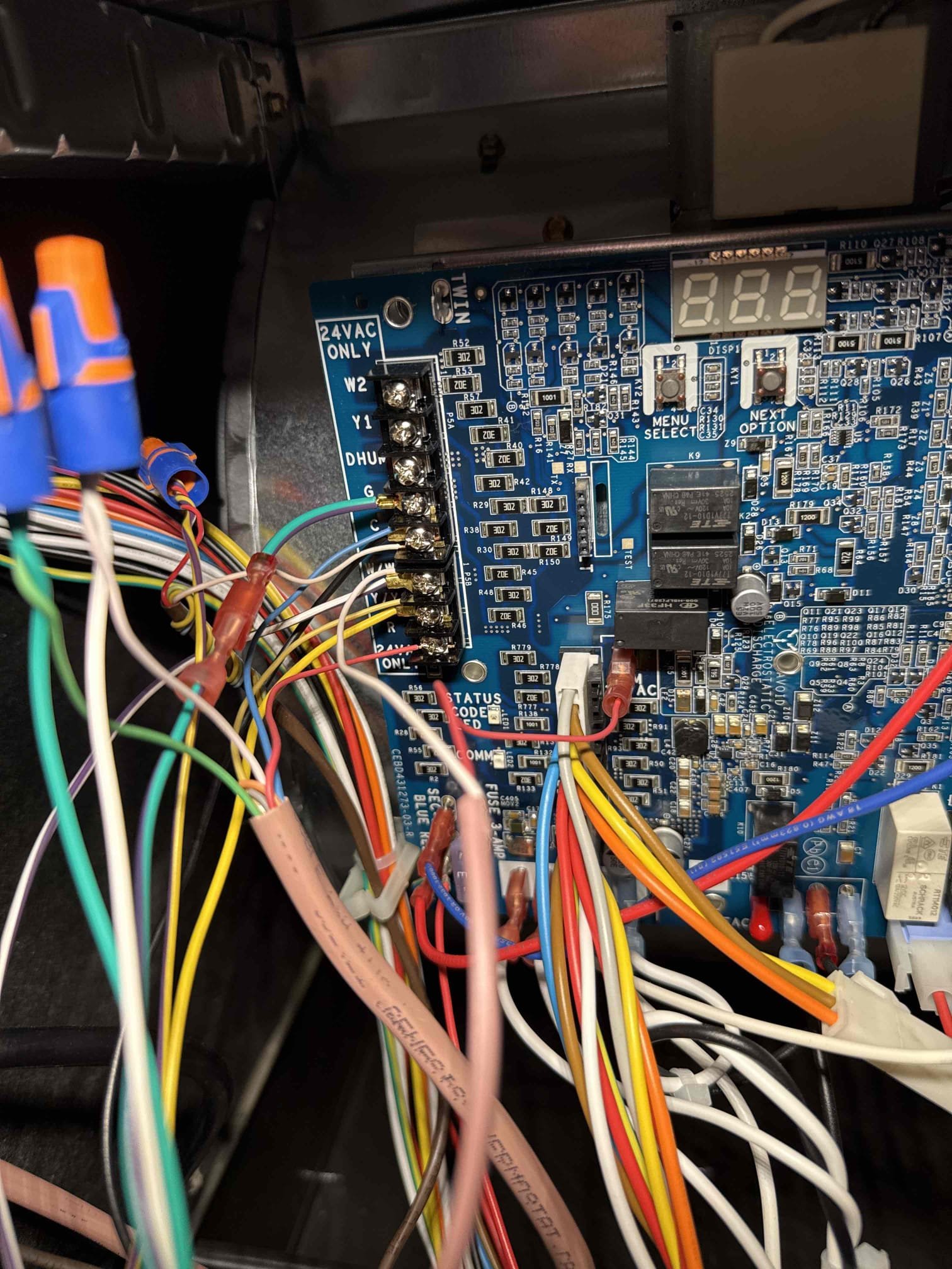 Unit was replaced recently by us. Installers accidentally left common wire for humidifier on W1 forcing furnace to run constantly. Repaired mistake and test ran system. No further concerns, gas pressure properly and AC blower speed set properly. Unit was replaced recently by us. Installers accidentally left common wire for humidifier on W1 forcing furnace to run constantly. Repaired mistake and test ran system. No further concerns, gas pressure properly and AC blower speed set properly.