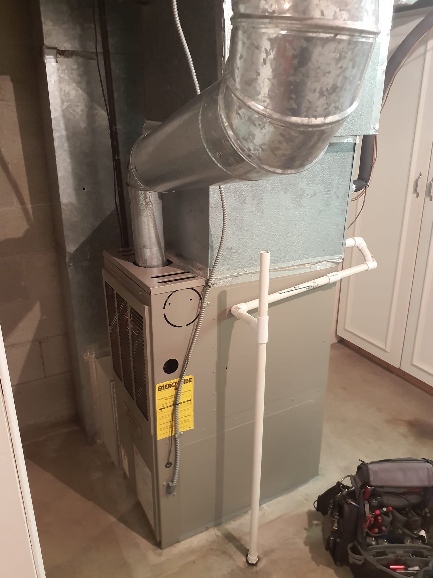 Preventative maintenence inspection on 1993 Janitrol furnace running in good condition despite its age. Replaced air filter with new one supplied by Kathy. Cleaned flame sensor and checked ignitor. Visual inspection of burners. Tested blower motor capacitor. Test ran system in heating mode from thermostat. Delta t of 54F with supply temp of 121F, spec 40-70F. Blower motor and inducer motor running within spec. Galvanized B-vent in good condition and no sign of leaks. 0PPM CO detected during testing. Replaced batteries in thermostat and basment CO detector. System is operating properly, efficiently, safely and ready for Winter.  Preventative maintenence inspection on 1993 Janitrol furnace running in good condition despite its age. Replaced air filter with new one supplied by Kathy. Cleaned flame sensor and checked ignitor. Visual inspection of burners. Tested blower motor capacitor. Test ran system in heating mode from thermostat. Delta t of 54F with supply temp of 121F, spec 40-70F. Blower motor and inducer motor running within spec. Galvanized B-vent in good condition and no sign of leaks. 0PPM CO detected during testing. Replaced batteries in thermostat and basment CO detector. System is operating properly, efficiently, safely and ready for Winter.