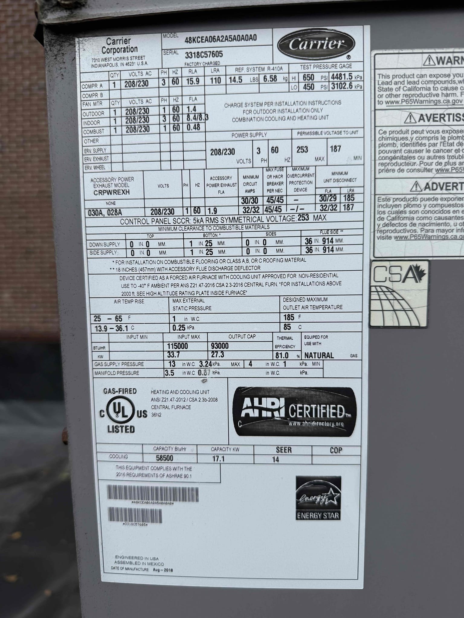 Upon arrival inspected unit and found unit in code 6. Inspected wires and found pressure switch was source for code due to inducer motor not starting up. Inspected inducer motor and it was seized upon first inspection but broke free relatively easy. Motor is likely to seize again soon. Heat exchanger in okay condition, collector plate mildly rough, cannot assess until unit is further apart, as of now only the inducer motor is expected to be needing replaced. 