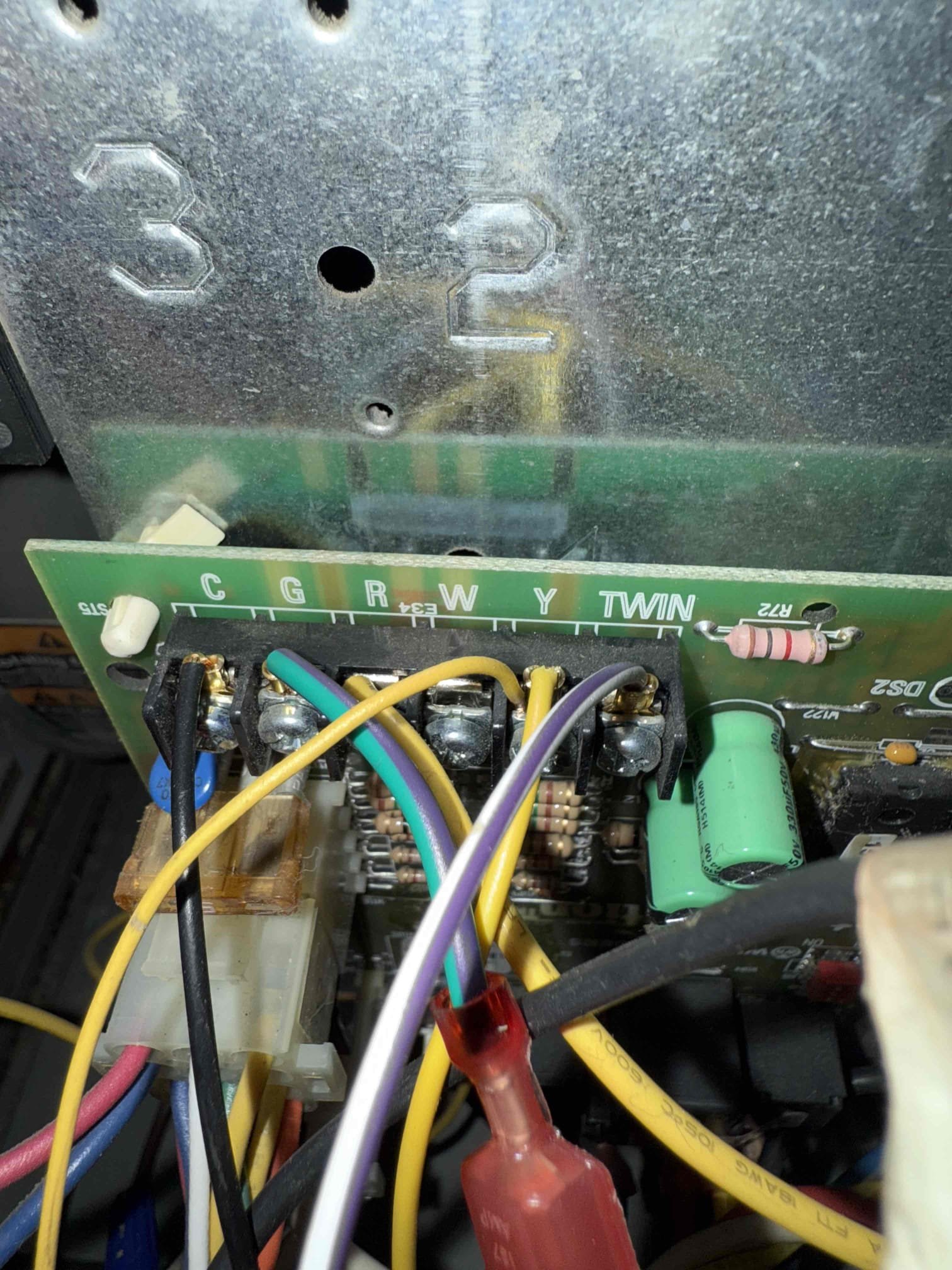 Replacement crew accidentally ran “w to furn” wire to “twin” terminal instead of W reconfigured wiring so it will properly operate heat 