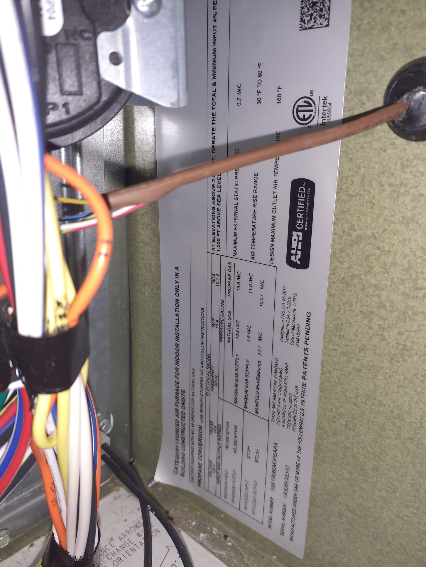 Preventative maintenence inspection on 2019 Trane S8X1 installed in 2020. Both 16x20x1 air filters in good condition. Clean flame sensor and check ignitor. Visual inspection of burners. Test ran system in heating mode from thermostat. System is operating properly within temperature rise and Manifold gas pressure specifications. Blower and inducer motors tested good. During test run, noticed that the plenum/supply duct was warm. Found that the plenum is no insulated at all. It is highly recommended to have the plenum insulated to prevent efficiency loss, and condensation on the ductwork during the Summer. Current service history is showing signs of water damage from condensation. A quote for insulating the plenum will be prepared and sent over. Aside from the insulation situation, the furnace is operating properly, with no other issues found, or suspected at this time. 