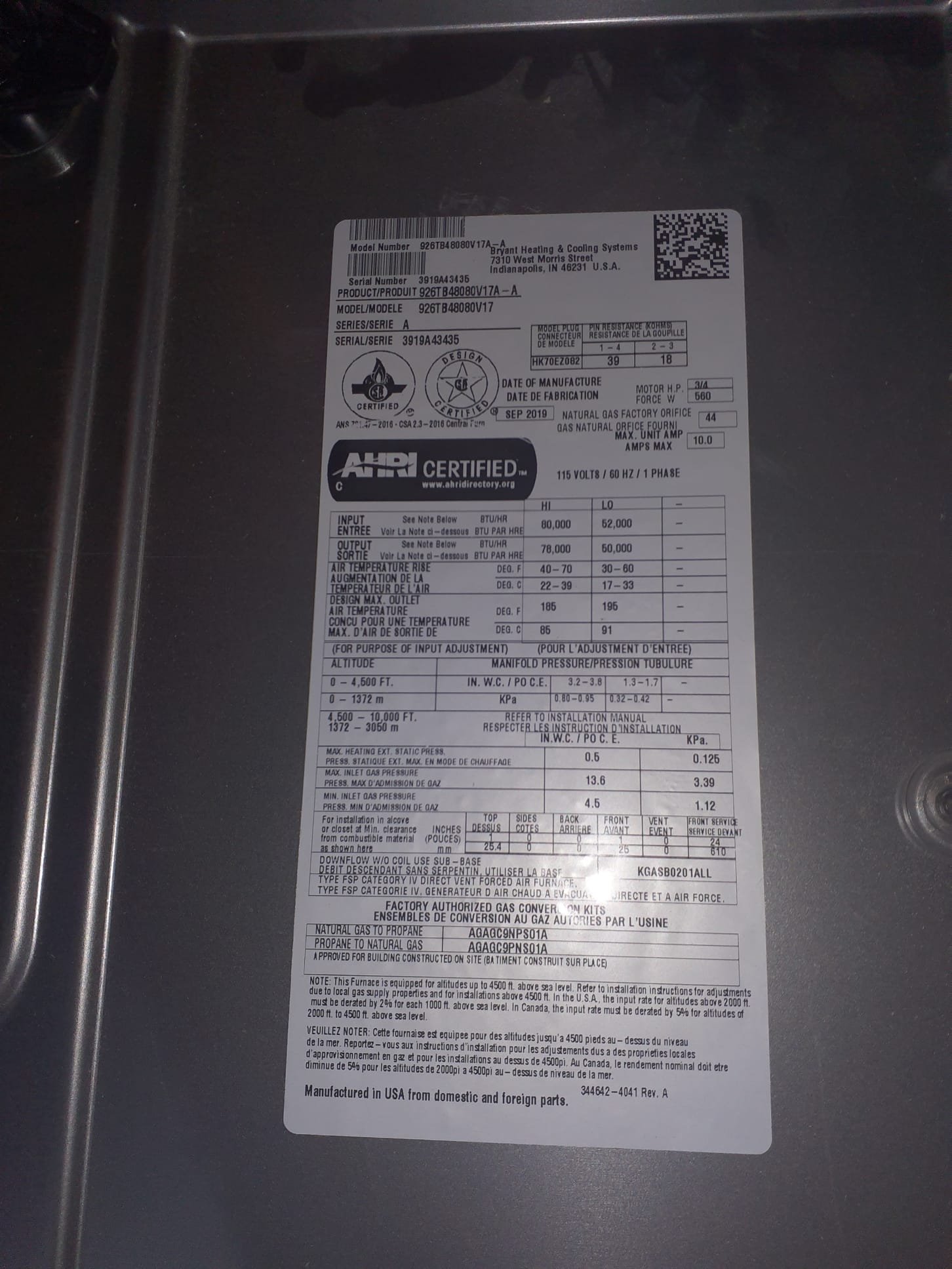 Preventative maintenence inspection on 2019 Bryant high efficiency furnace. System is running in great condition. 16x25x4 air filter is in good condition. Replaced #10 humidifier pad. Clean flame sensor and check ignitor @ 51ohms. Flushed out collector box drain trap. Test ran furnace in first and second stage heating. Both stages are operating with gas manifold pressure specifications and temperature rise specifications. Pvc flue vents in good condition and no sign of leaks. 0PPM CO detected during testing. Blower and inducer motors tested good. Humidifier is operational and damper is open. System is operating properly, efficiently and ready for Winter. 