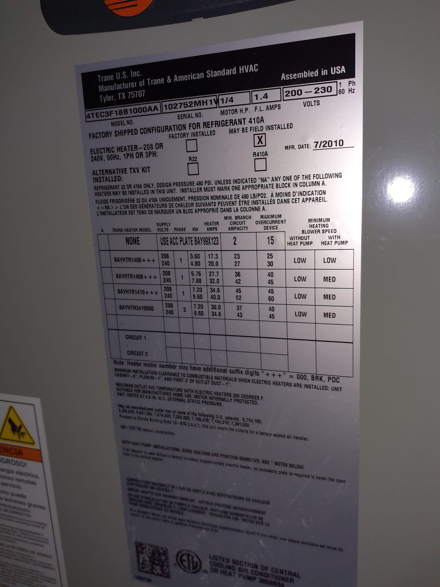Preventative maintenence inspection on 2010 Trane airhandler. Air filter is in good condition. Checked for any loose wiring in airhandler. Test ran operation of electric heat strips. All heat strips are operating properly. Air handler is operating properly and ready for Winter. 

Attempted test run of heat pump heating. Found that there is no high voltage to the outdoor unit. Indoor breaker is on, wire is mostly traceable, but it is a different wire coming out of the siding at the heat pump. An electrician will need called with electrical diagnosis. 
24v call for contactor is still present. Due to inability to test run heat pump, cannot guarantee that it operates. 