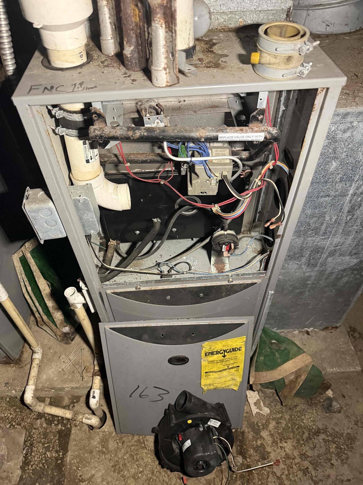 Repair 163 B unit with 163 A inducer motor. 163 B heating after motor replacement, original motor in unit was seizing and extremely loud. Unit is severely rusty and in majorly poor shape. 163 unit is now missing 1/2 of its parts to keep upstairs unit alive. Both in need of replacement.