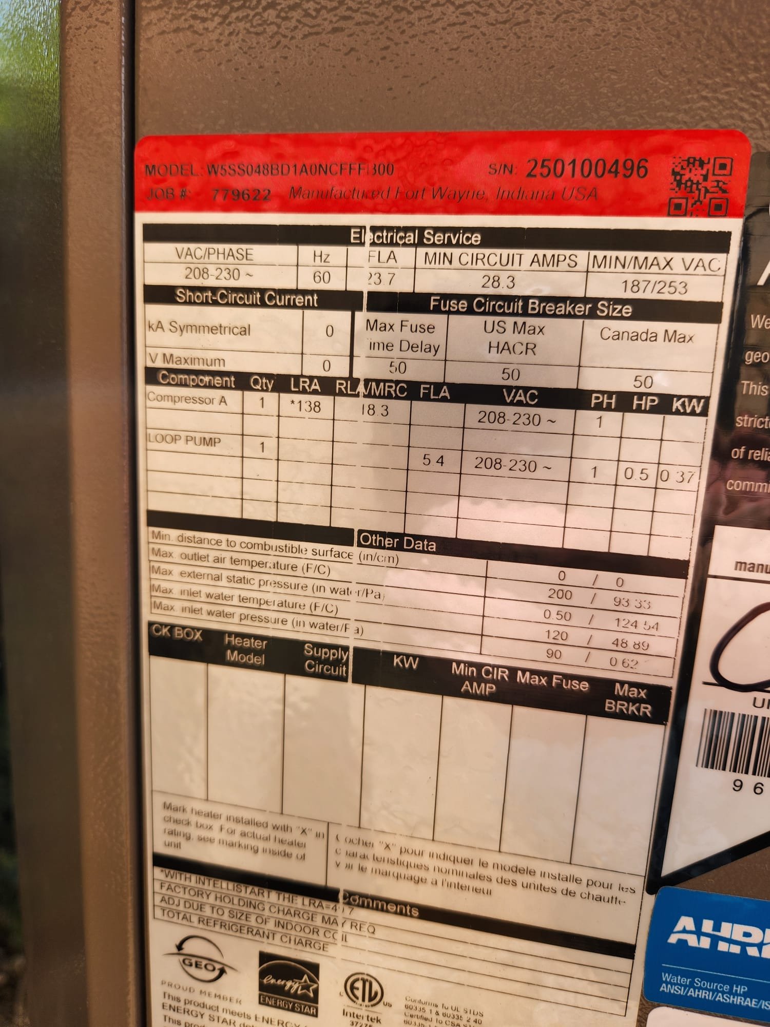 
Install Water Furnace 5 Series Geothermal Outdoor Split Unit
Model #: W5BM048BN1A0215F3D1F
Serial# 250100668
4 Ton with SAH Air Handler with 15KW Back up Heat
3 Heat/2 Cool
Aurora Advanced Controller 
Honeywell Vision Pro 8000 Wifi Thermostat
2 Pump Pressurized Flow Center
Aurora AHB / Variable Speed ECM
4 Ton Pond Loop Field 
Add One Return Air
Aprilaire 1210 Media Air Cleaner
5 Year Geo Labor Warranty
5 Year Flow Center Parts and Labor Warranty
50 Year Loop Parts and Labor Warranty ***Warranty Provided by Loop Manufacturer***
10 Year Geothermal Parts Warranty

*** 30% Federal Tax Credit Eligible
*** 2% Cash/Check Discount Available

Disclaimer:
Westin Air will not be responsible for any landscape, tree roots, asphalt or concrete that may be damaged during the loop installation process.
Property owner to provide clear access to the loop installation site.
Time delays caused by the loop installation and/or weather-related issues are unpredictable and could delay the installation proce