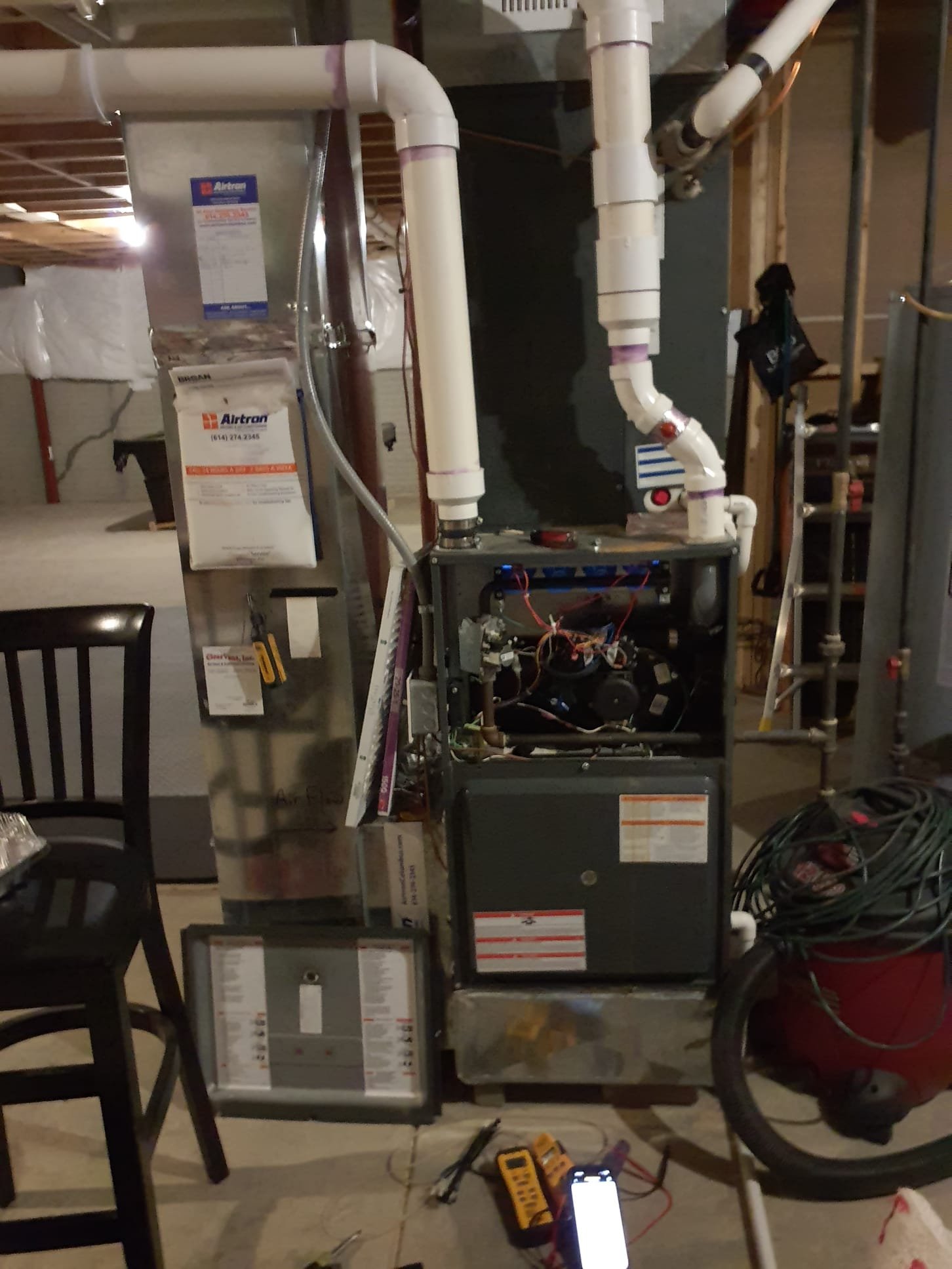 Performed heating maintenance on a 2017 Goodman single stage 96% efficient natural gas furnace
Corrected some drain tubing issues from new construction install inside the furnace (tubing cut incorrect length and kinked)
Corrected hose clamps issues on the inducer outlet elbow that had signs of water leakage
20x25x1 Filter is still good, left the one we provide with the gold maintenance plan on top of the filter rack
Blower wheel is clean
Blower capacitor measured 19.8mfd
Pulled condensate trap and flushed with water (had lots of debris buildup)
Pulled flame sensor and cleaned with steel wool 
Run tested furnace
Burner gas Manifold pressure set to 3.5"wc
Temperature rise is a steady 50⁰
Furnace is in good shape and operating within manufacturer's specifications at this time 