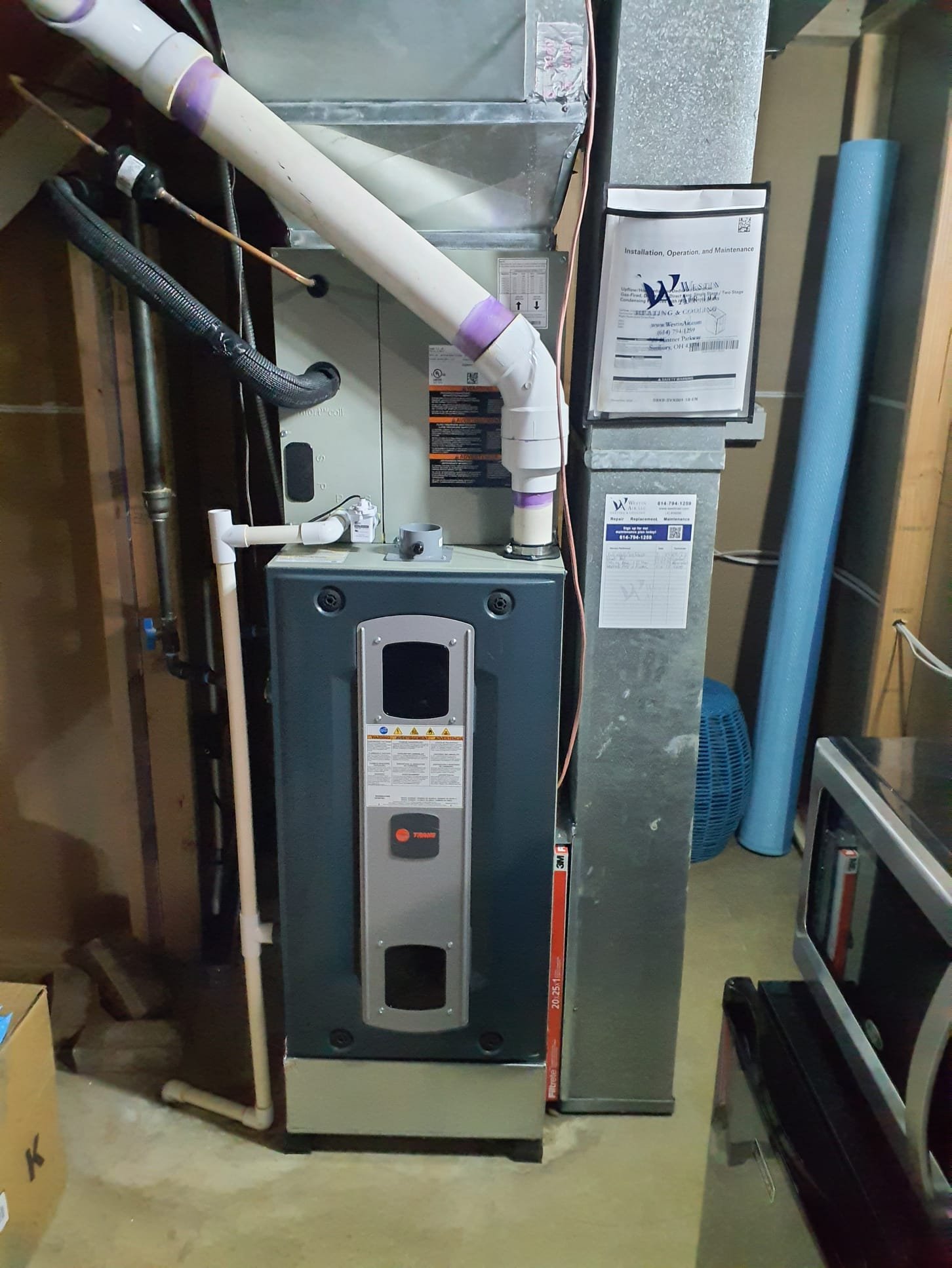 Performed heating maintenance on a 2024 Trane S9X2 two stage 96% efficient natural gas furnace
20x25x1 Filter is new
Pulled and cleaned flame sensor
Blew out Condensate trap
Pulled and cleaned burners
High fire gas pressure set to 3.5"wc Temperature rise 61⁰
Low fire gas pressure set to 1.7"wc Temperature rise 53⁰
No water leaks present
Furnace is operating perfectly within factory specs at this time
