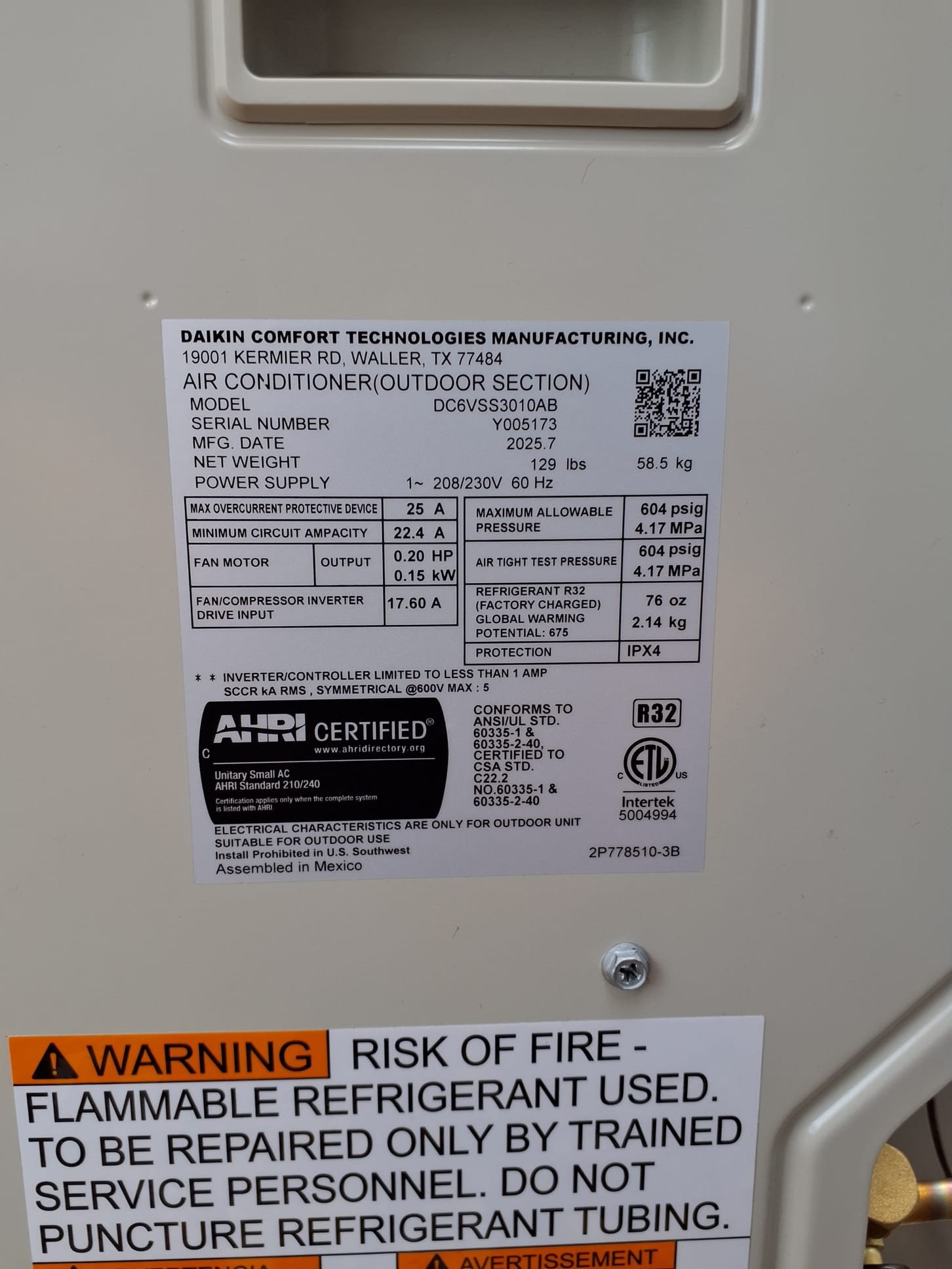 
Install New Daikin FIT HVAC System
*Two Stage - Variable Speed Furnace:
Model #: DR80TC0603BN
Serial# 2509017617
60,000 BTU's - 80% AFUE
Attic Installation 
*Variable Speed Air Conditioner:
Model #: DC6VSS3010
Serial# Y005173
2.5 Ton -  17.5 SEER2 - 10.0 EER2
*Matching Indoor Coil: 
Model #: CHPEA3026B3
Serial# 2505199526
*Daikin One+ Thermostat: DTST-TOU-A
Serial# EA2503602144

Installation:
* Reconnect to existing gas line and electric
* Transition to existing supply and return ductwork
* Start up and commission new system
* Aprilaire 1210 (20x25) Media Air Cleaner

Warranty:
12 Year Daikin manufacturers Parts Warranty (Annual maintenance must be performed)
2 Year Westin Air Labor Warranty (Annual maintenance must be performed)
Daikin manufacturers Lifetime Heat Exchanger Warranty (Annual maintenance must be performed)