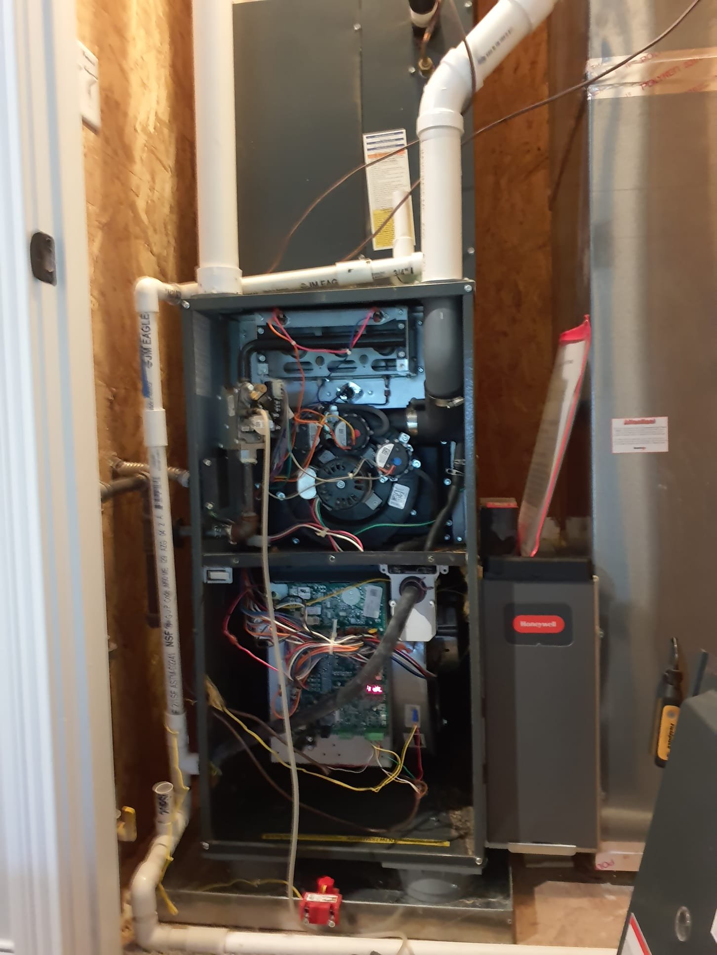 Performed two system heating maintenance

Second floor system:
2018 Goodman 2 stage 96% efficient natural gas furnace 
16x25x4 filter is OK
Installed intake drain to stop further water damage to the gas valve
Corrected water leak issue at the inducer outlet hose clamp
Pulled and cleaned flame sensor 
Condensate trap is clear
Run tested furnace
High fire was set to 4"wc, adjusted down to specification 3.5"
Temperature rise 40⁰
Low fire gas pressure was 2.5"wc, adjusted down to specification 1.7"
Temperature rise 35⁰

First floor system 
2018 Goodman 2 stage 96% efficient natural gas furnace
Installed intake drain coupling, condensation damage to gas valve
Pulled and cleaned flame sensor
Drain trap clear 
16x25x4 filter OK
Replaced humidifier water panel
High fire set to 3.5" 50⁰ temp rise
Low fire set to 1.9" 
