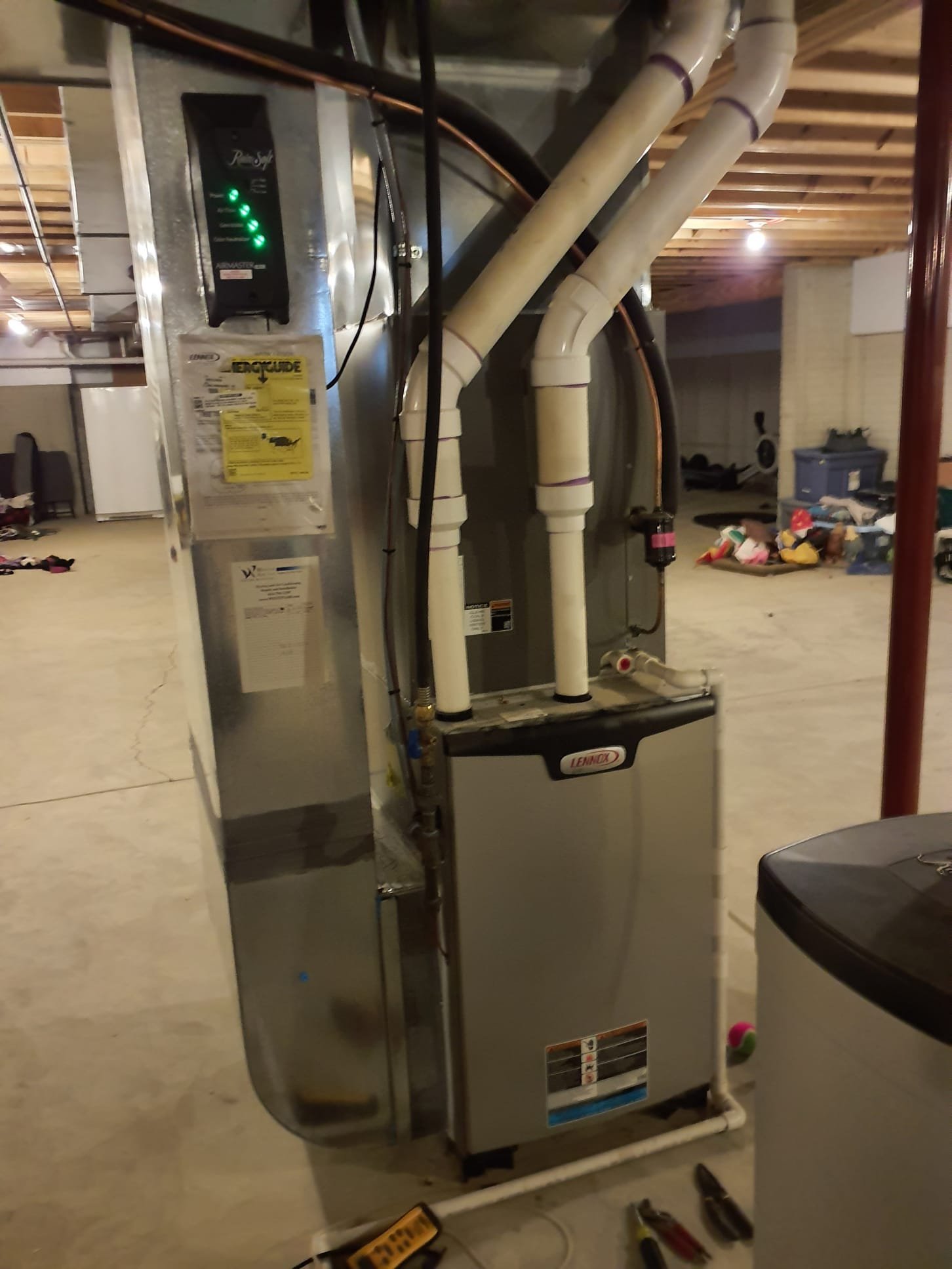 Performed heating maintenance on a 2022 Lennox 2 stage 96% efficient propane furnace
Replaced 20x25x1 Filter
Pulled and cleaned the flame sensor
Checked Condensate lines and ports for blockage
Run tested furnace
Low fire gas pressure set to 4.5"wc (spec 4.5) 
Temperature rise 38⁰ (spec 30-60)
High fire gas pressure 10"wc (spec 10")
Temperature rise 50⁰ (spec 40-70)
No signs of water leaks inside the furnace
No water leaks from the intake and exhaust vent piping
Blower wheel is clean
Inducer and blower motors amp draw in spec
Furnace is in perfect running order and condition