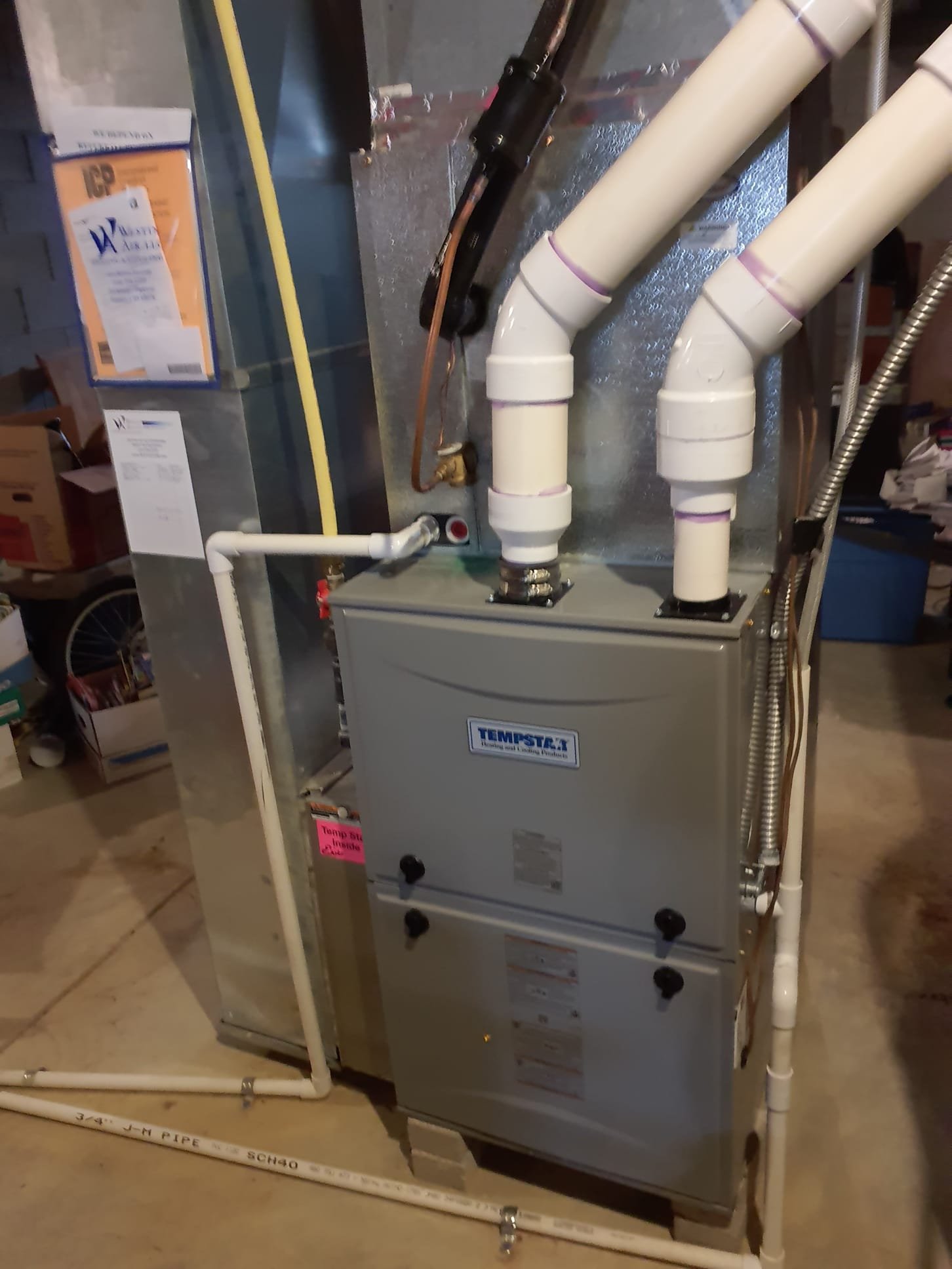 Performed heating maintenance on a 2021 Tempstar 96% efficient two stage natural gas furnace
Replaced 20x25x4 filter
Adjusted the front edges of the filter cabinet to allow for easier removal.  Filter was getting snagged on the inside lip
Blower is in OK condition
Pulled flame sensor and cleaned
Condensate trap is clear
Intake and exhaust pipes are in good shape, no leaks at the glue joints
Visual inspection of burners, good shape
Run tested furnace
High fire gas pressure set to 3.2"wc
Temperature rise 62⁰
Low fire gas pressure set to 1.3"wc
Temperature rise 49⁰
No condensate leaks inside the furnace or from the drain lines external
Furnace is in great shape and operating perfectly within manufacturer's specifications at this time 