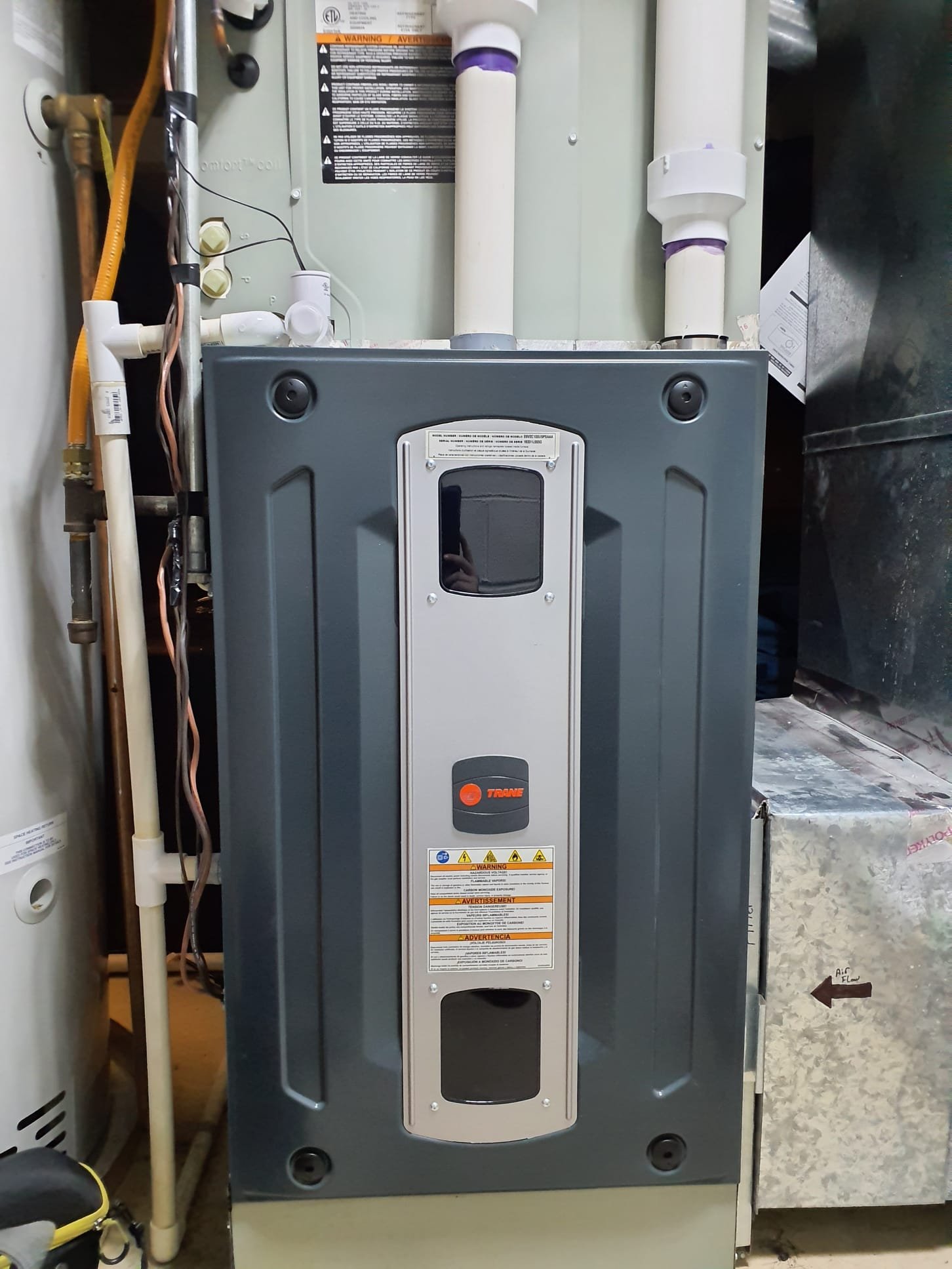 No heat call,  2016 Trane S9V2 two stage 96% efficient
Stored fault code for plugged condensate
Converted to silver heating maintenance call
Performed heating maintenance 
Pulled condensate trap and flushed 
Pulled flame sensor and cleaned 
Pulled burners and cleaned 
Intake full of debris, cleared it out
Checked humidifier, operating normally, water panel OK, no water leaks at this time 
20x25x1 Filter is new
High fire gas pressure set to 3.5"wc
Low fire gas pressure set to 1.7"wc
Furnace operating normally at this time.