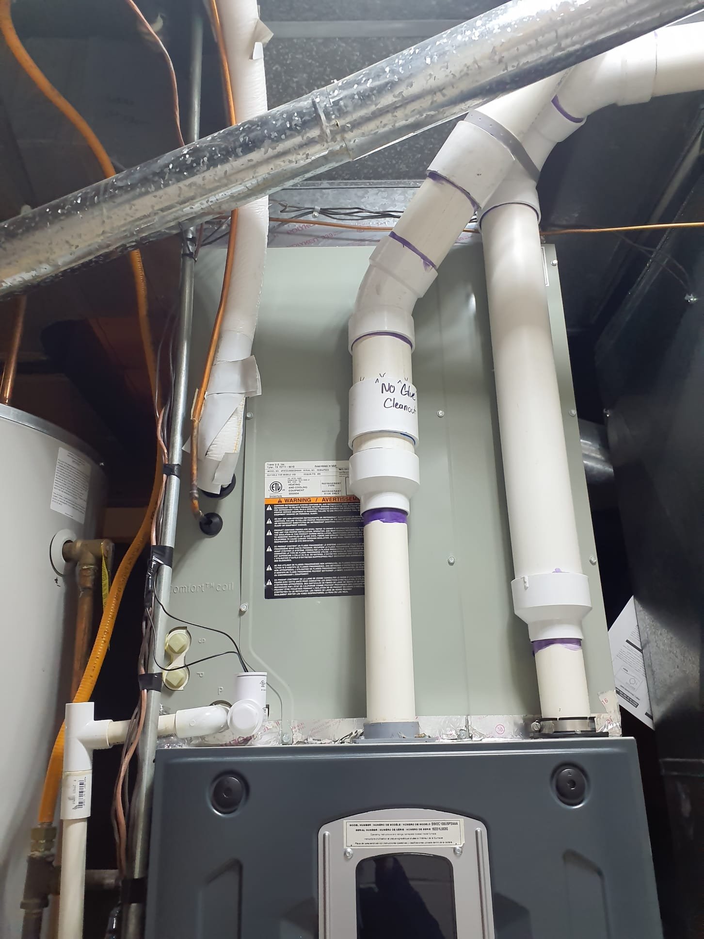 No heat call,  2016 Trane S9V2 two stage 96% efficient
Stored fault code for plugged condensate
Converted to silver heating maintenance call
Performed heating maintenance 
Pulled condensate trap and flushed 
Pulled flame sensor and cleaned 
Pulled burners and cleaned 
Intake full of debris, cleared it out
Checked humidifier, operating normally, water panel OK, no water leaks at this time 
20x25x1 Filter is new
High fire gas pressure set to 3.5"wc
Low fire gas pressure set to 1.7"wc
Furnace operating normally at this time.