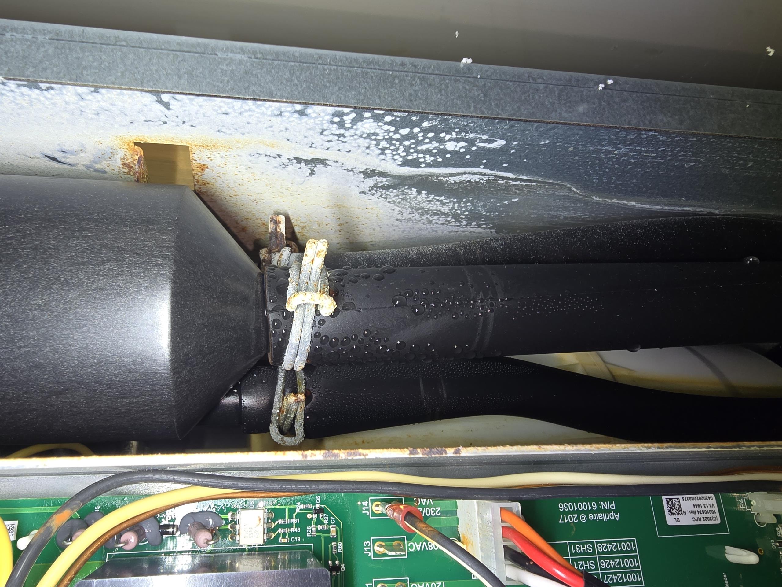 Unable to pinpoint leak so water is turned off go humidifier. Inspection of humidifier shows that the humidifier is in very poor condition. It appears that one of the high voltage leads has burnt off and damaged other parts of the humidifier including internal waterlines, and metal housing. Will need to talk with office and Aprilaire about repairs or replacement possibility. Photos uploaded to file to assist with further research. 