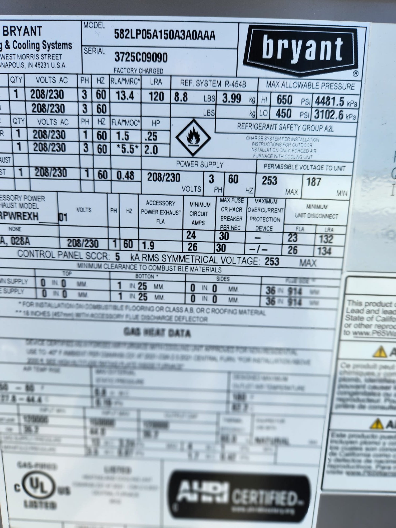 
Remove (2) existing RTU units

Equipment:
*Install 2 new Bryant 582LP05A150A3A0AA
Serial# 3625C10504
Serial# 3725C09090
*4 ton, 208/230 3Ph, 150K BTU, 
*Manual fresh air damper

Installation:
*Reconnect to existing high voltage electric and gas line
*Curb transition as needed
*Crane rental
*HVAC permit

Warranty:
*Manufacturers parts warranty 
*1 year Westin Air labor warranty