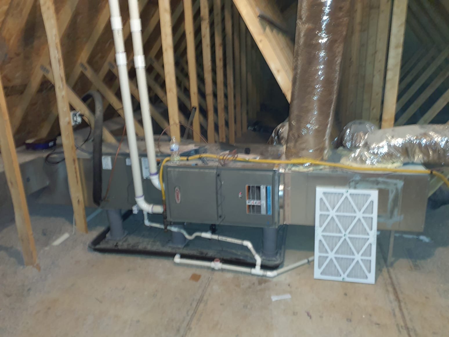 Performed two system heating maintenance

Attic system:
2023 Lennox dual fuel system
Two stage 96% efficient LP-fired furnace
3 ton heat pump
16x25x1 filter is good 
Left a new one with the furnace 
Corrected drain safety switch wiring to shut the furnace and AC down in the event ofman drain backup
Run tested heat pump
Getting 110⁰ Vapor line temperature and 17⁰ temperature rise
Pulled and cleaned furnace flame sensor
Cleared condensate ports internal to the furnace
Run tested furnace
High fire Manifold pressure set to 10"wc with reference to the sealed burner box
Temperature rise 40⁰
Low fire pressure set to 4.5"
Temperature rise 30⁰

Main system:
2023 Lennox dual fuel system
18 SEER inverter heat pump
2 stage 96% propane furnace
Ductwork massively undersized
5 ton heat pump requires 2000CFM of air
Return drop is 10x24" with one side utilizing a 16x25x1 filter
Return trunk is 8x24
Ductwork needs to be at least 30x12 with a 20x25x4 filter, preferably a 24x25x4
Discussed issue of airflo