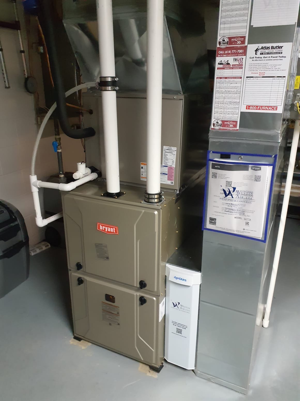 
SOLD: 10/20/2025 11:31:40 AM - Option 1

Install New Bryant Single Two Stage Gas Furnace
Model #: 927TA60080V21
Serial #: 4025A45376
80,000 BTU’s - 97% AFUE
 
Installation:
* Aprilaire 1210 (20X25) Media Air Cleaner
* Additional Services - New PVC furnace vents. Level 1
* Reconnect to existing gas line and high voltage electric
* Transition to existing supply and return ductwork
* Start up and commission new system
 
Warranty:
20 Year Bryant manufacturers Heat Exchanger Warranty (Annual maintenance must be performed)
10 Year Bryant manufacturers Parts Warranty (Annual maintenance must be performed)
2 Year Westin Air Labor Warranty (Annual maintenance must be performed)
 

