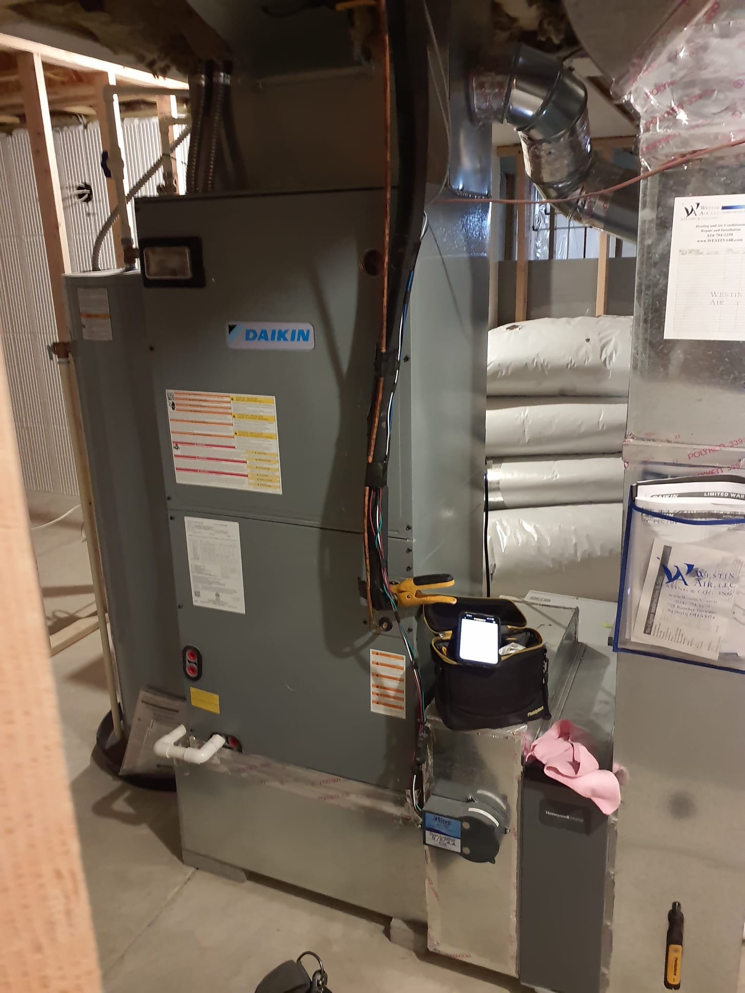 Performed heating maintenance on a 2022 Daikin Fit 17SEER heat pump system
Replaced Honeywell 20x25x4 filter with one we provide with the gold maintenance plan
Tested aprilaire 600 humidifier
Water panel in good shape, operating normally, no water leaks at this time
Tested NuCalgon iWave ionizer, self test was successful
Blower is in OK condition
Inspected auxiliary heat kit for overheated wiring 
All connections are in good shape
Run tested heating
Witnessed system perform defrost successfully 
After ten minutes of run time, temperature rise was 30⁰, vapor line 141⁰, BTU capacity calculat4d to 42000btu
No concerns found 