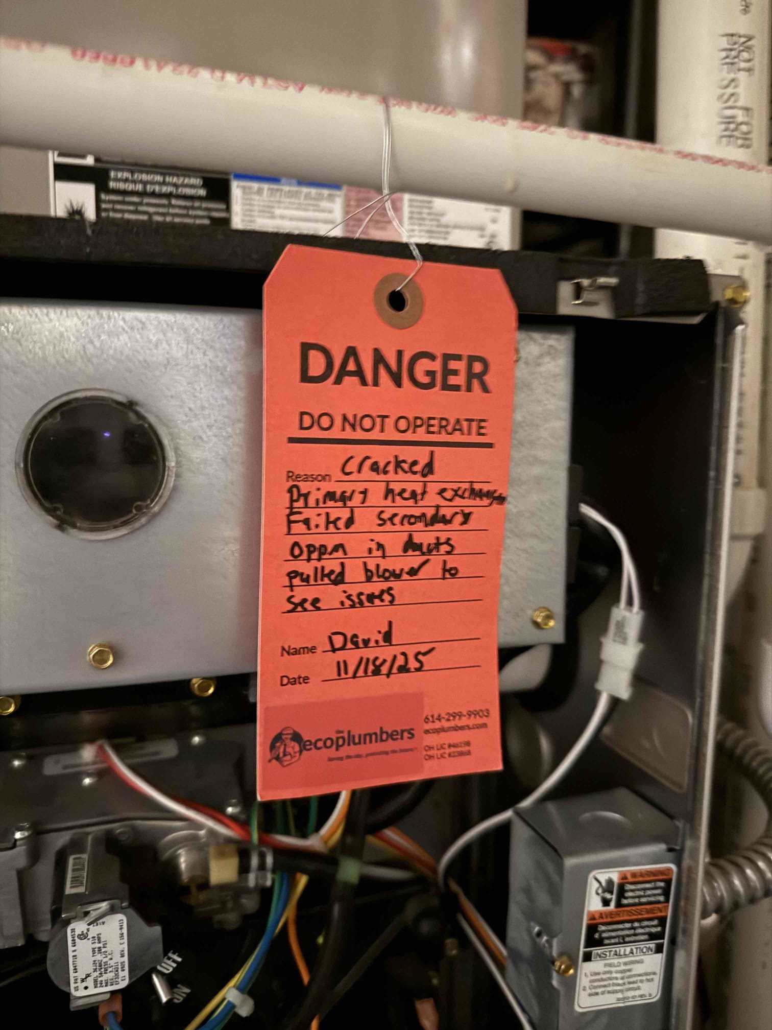 Upon arrival inspected furnace and was not finding major concerns. Heat exchanger showed no signs of cracks, but combustion numbers were dangerously high at 400ppm COAF heat exchanger has failed and needs replaced or system entirely needs replaced. Recommend replacement consultation. Ac unit is operational and advised homeowner of new refrigerant and risks of 410. Recommended to stay with old refrigerant for as long as it keeps up unless quote accommodates otherwise. 