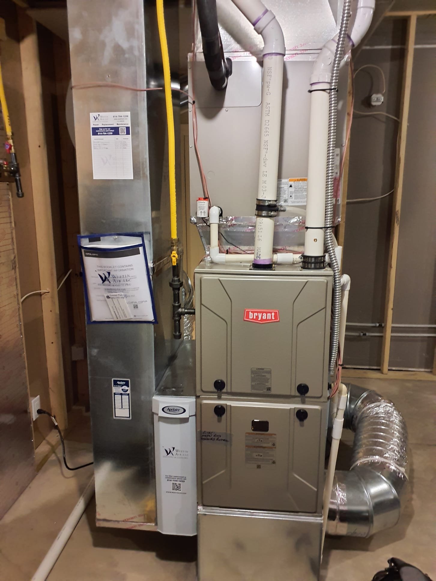 Performed heating maintenance on a 2024 Bryant 96% efficient two stage natural gas furnace
Replaced aprilaire 210 filter with the one we provide with platinum maintenance plan
Vacuumed out the bottom of the return drop and filter cabinet 
Blower is in OK condition
Removed flame sensor and cleaned 
Run tested furnace
High fire gas pressure is set to 3.2"wc with a 53⁰ temperature rise 
Low fire gas pressure is set to 1.4"wc with a  49⁰ temperature rise
Humidifier bypass damper is open to the winter position
#35 water panel in good shape
Ran humidifier during heating test
Verified correct operation and no water leaks at this time
Concern of alarm company's thermostat is not cooling to the correct temperature
We will have to address this on the cooling maintenance if it's still happening
Possibly interested in a Honeywell T10 thermostat