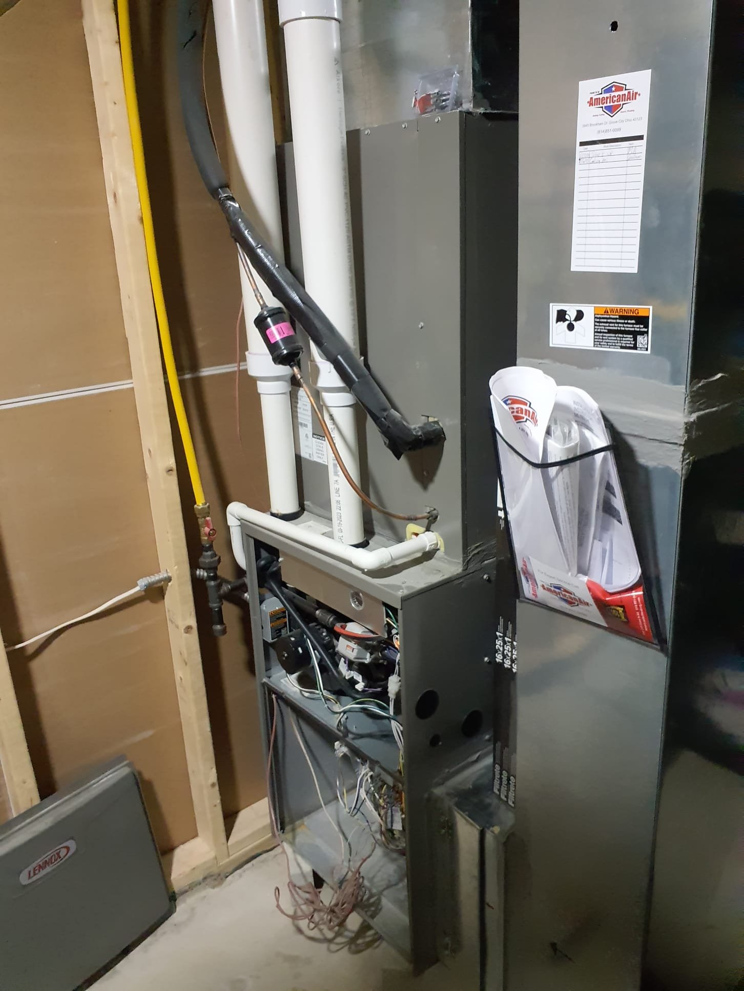 Performed heating maintenance on a Lennox 93% efficient single stage natural gas furnace
Found water damage inside the furnace that is currently wet
Verified water leak is from improper installation of the furnace condensate trap
Cannot remove the trap without destroying it
Need to install a brand new trap kit
We will call Lennox in the morning to get price and availability then email over the price for the repair 
16x25x1 filter is new
Pulled and cleaned the flame sensor
Cleared condensate tubing internal to the furnace
Run tested furnace
Set gas pressure to 3.5"wc with reference to the sealed burner box
Temperature rise 69⁰ (spec 45-75⁰)
Furnace is operating within factory specifications at this time 

Only concern found is the water leak
As stated above, we will call Lennox for part price and availability and email over the proposal in the morning