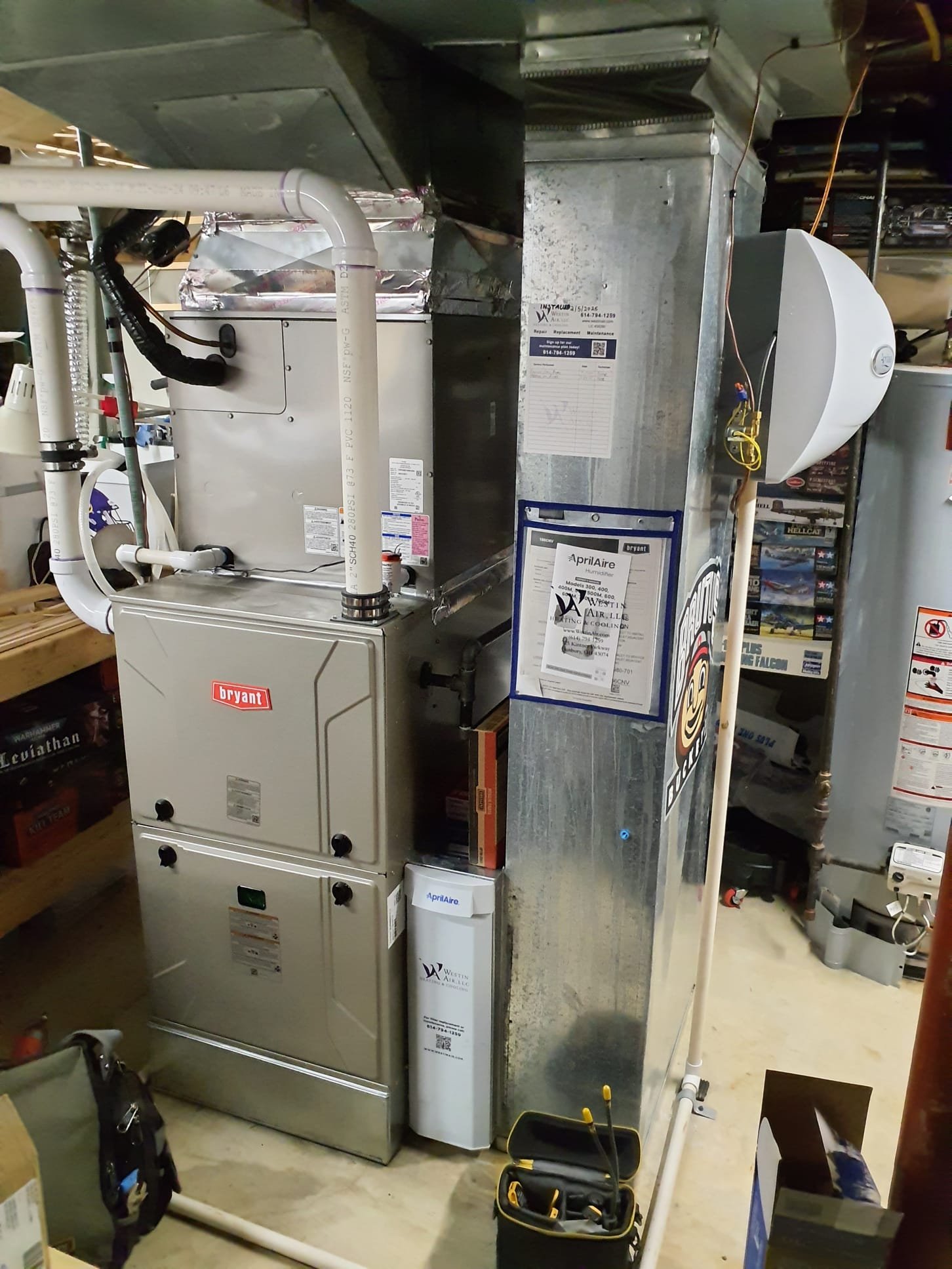 Performed heating maintenance on a 2025 Bryant Evolution 97% efficient modulating natural gas furnace
Replaced aprilaire 210 filter with the one provided with platinum maintenance
Disassembled aprilaire 600 humidifier
#35 water panel in good shape
Reassembled, opened humidifier bypass damper to winter position
Verified correcr operation and no water leaks at this time 
Pulled flame sensor and cleaned 
Condensate trap clear
No signs of gasket leaks internal to the furnace cabinet
Burners are spotless
No signs of any corrosion to heat exchanger front cell panel and inlet to primary cells
Run tested furnace
Low fire for 15 minutes:
Gas pressure set to 0.5"wc
Temperature rise 39⁰ (spec 35-65⁰)
High fire for 15 minutes:
Gas pressure set to 3.2"wc
Temperature rise 50⁰ (spec 40-70⁰)
Everything is in perfect shape and operating within factory specs at this time 