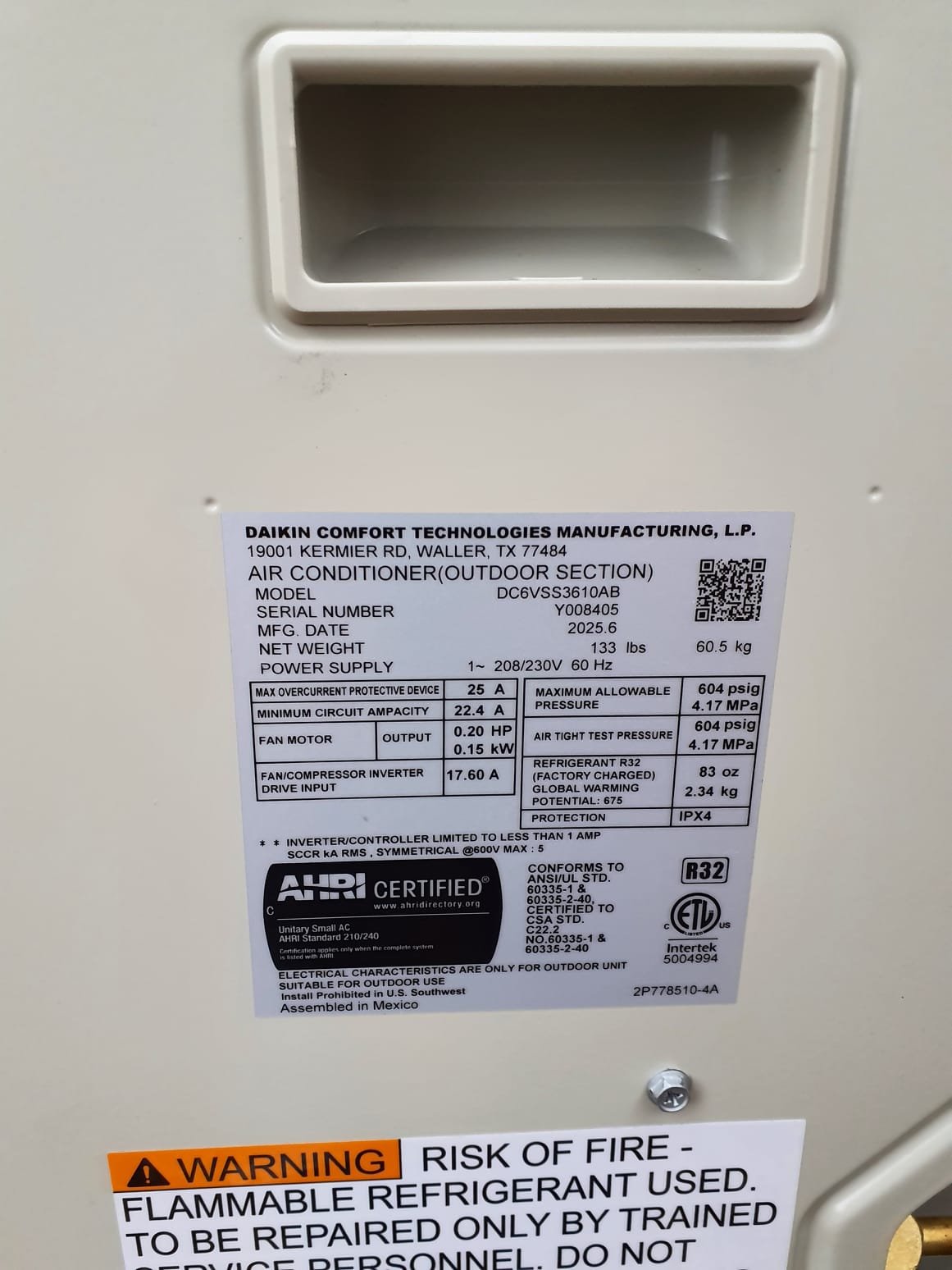 
Install New Daikin FIT HVAC System
Two Stage - Variable Speed Furnace:
Model #: DR80TC0803BN
Serial #: 2502235709
 80,000 BTU's - 80% AFUE
Variable Speed Air Conditioner:
Model #: DC6VSS3610
Serial #: Y008405
3 Ton - 17.2 SEER2
*Matching Indoor Coil:
Model #: CAPEA3626B3
Serial #: 2511024794
*Daikin One+ Thermostat: DTST-CWBSA-NI-A
Serial #: AA2211003169
 
Installation:
* Reconnect to existing gas line and electric
* Transition to existing supply and return ductwork
* Start up and commission new system
* Aprilaire 1210 (20x25) Media Air Cleaner
 
Warranty:
12 Year Daikin manufacturers Parts Warranty (Annual maintenance must be performed)
2 Year Westin Air Labor Warranty (Annual maintenance must be performed)
Daikin manufacturers Lifetime Heat Exchanger Warranty (Annual maintenance must be performed)
