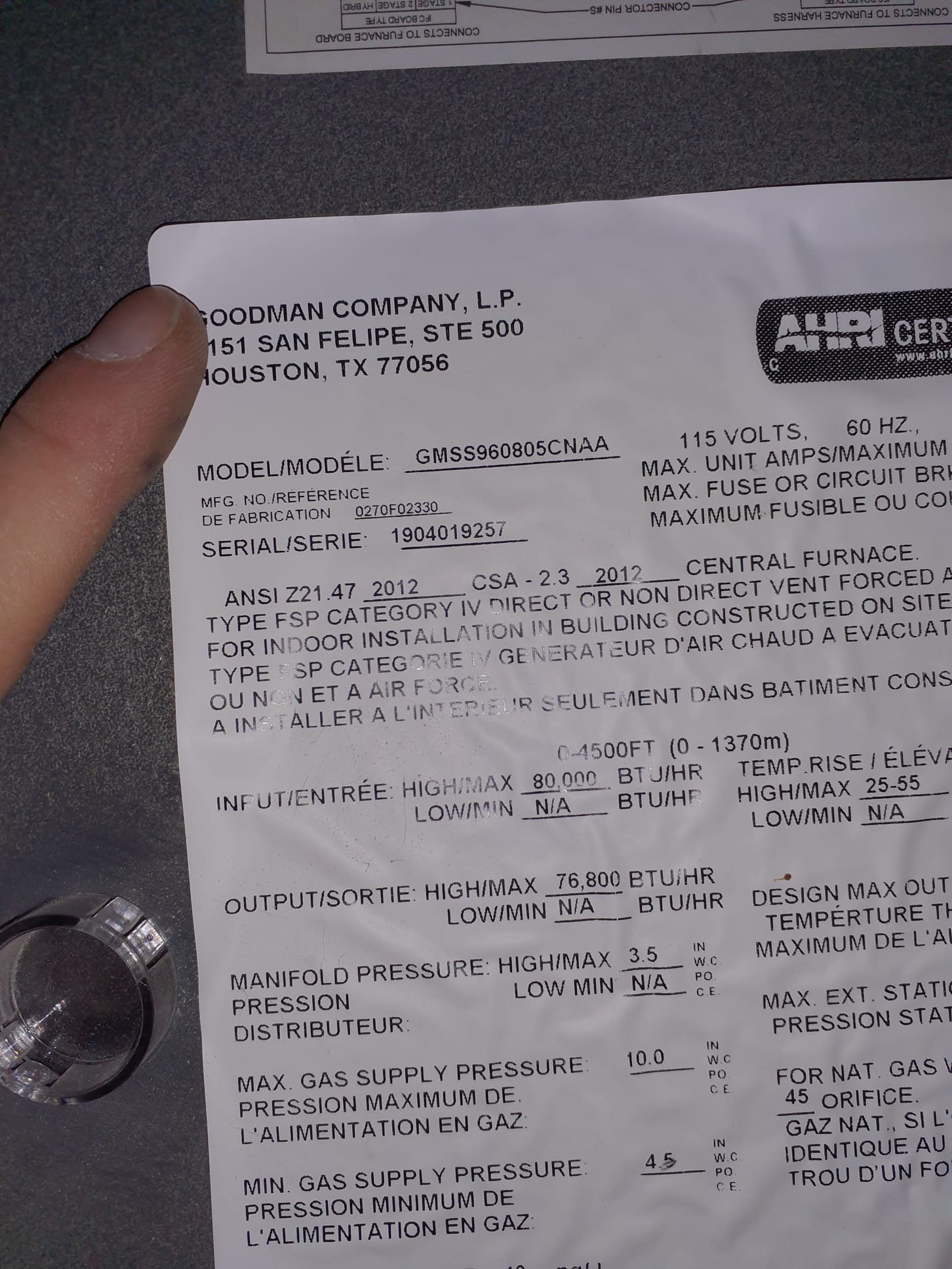 Performed heating maintenance on a Goodman 96% efficient single stage natural gas furnace
Collector box gasket is leaking water. 
We will send over a proposal to disassemble and replace the gasket kit
Blower capacitor measured 15.2mfd (rated 15)
Condensate lines are clear
Corrected mounting of condensate trap inside the furnace 
Corrected humidifier drain by trimming some of the pipe shorter to take upward pressure off the housing
Humidistat is incorrectly mounted downstream of the humidifier 
Recommend setting it higher than desired to ensure it humidifies
Fixed a small leak on the exhaust pipe
Flipped inducer outlet clamp 180⁰ per Goodman service bulletin
Pulled flame sensor and cleaned 
Run tested furnace 
Humidifier is not leaking water at this time 
Set gas pressure to 3.0"wc
Temperature rise with all 3 zone dampers open wax 35⁰
Closed all but one zone, temp rise peaked at 48⁰
Rated temp rise is 25-55⁰

Other than the leaking collector box gasket, system is working properly at thi